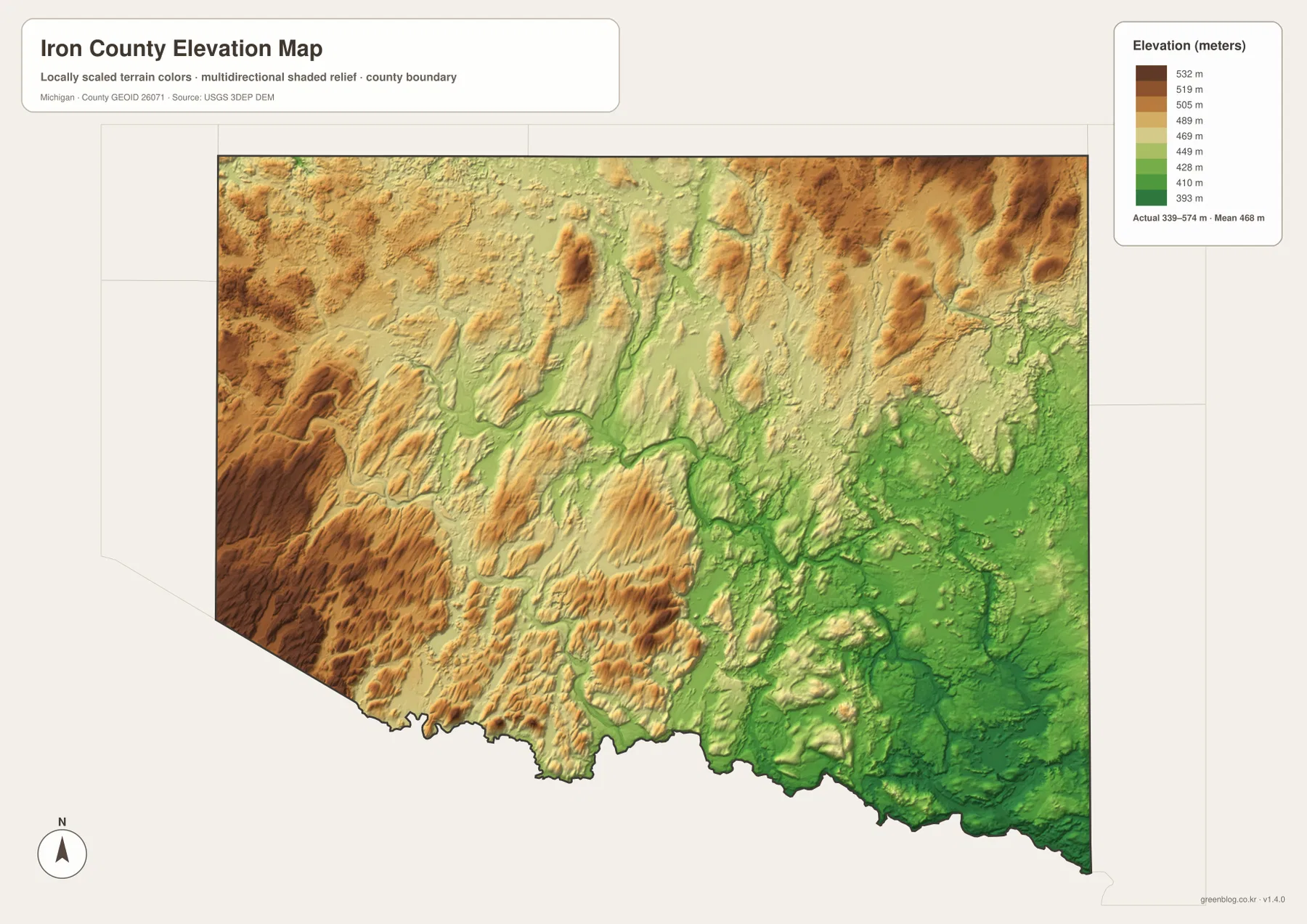 Iron County Michigan elevation map showing 339 to 574 meters, high western uplands, and lower southeastern river valleys