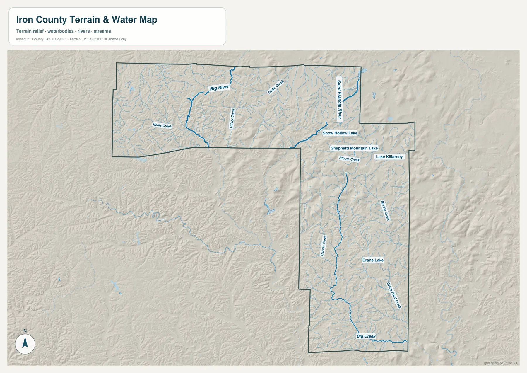Iron County Big River and St. Francis River terrain map