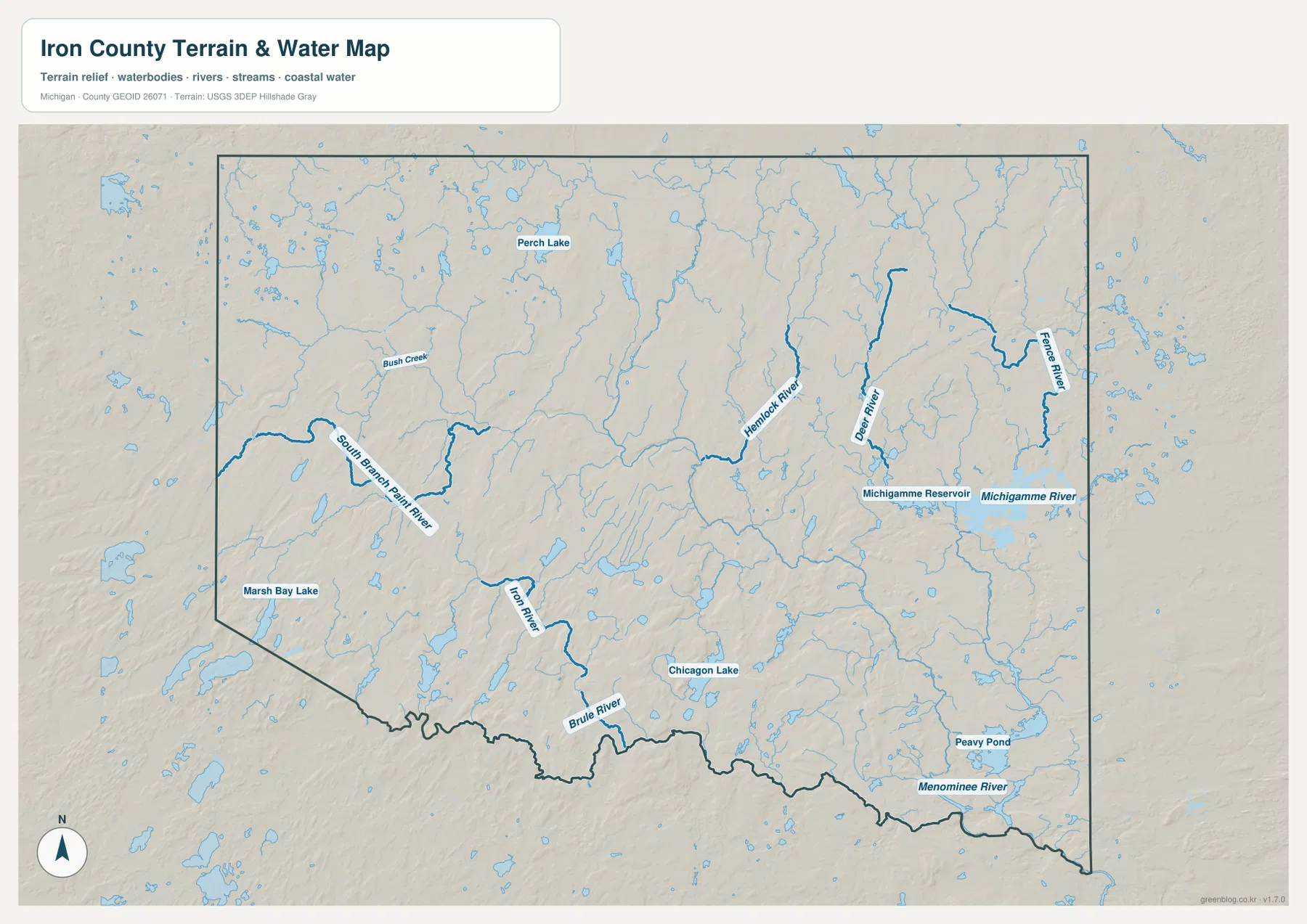 Iron County Michigan terrain and water map showing Michigamme River and Reservoir, Brule River, Menominee River, and Chicagon Lake