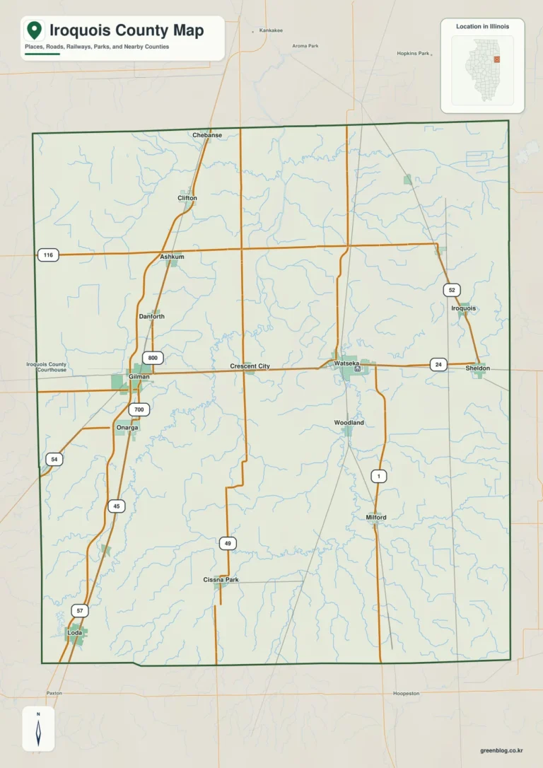 일리노이주 이로쿼이 카운티(Iroquois County) 지도 – Watseka와 Iroquois River 저지대