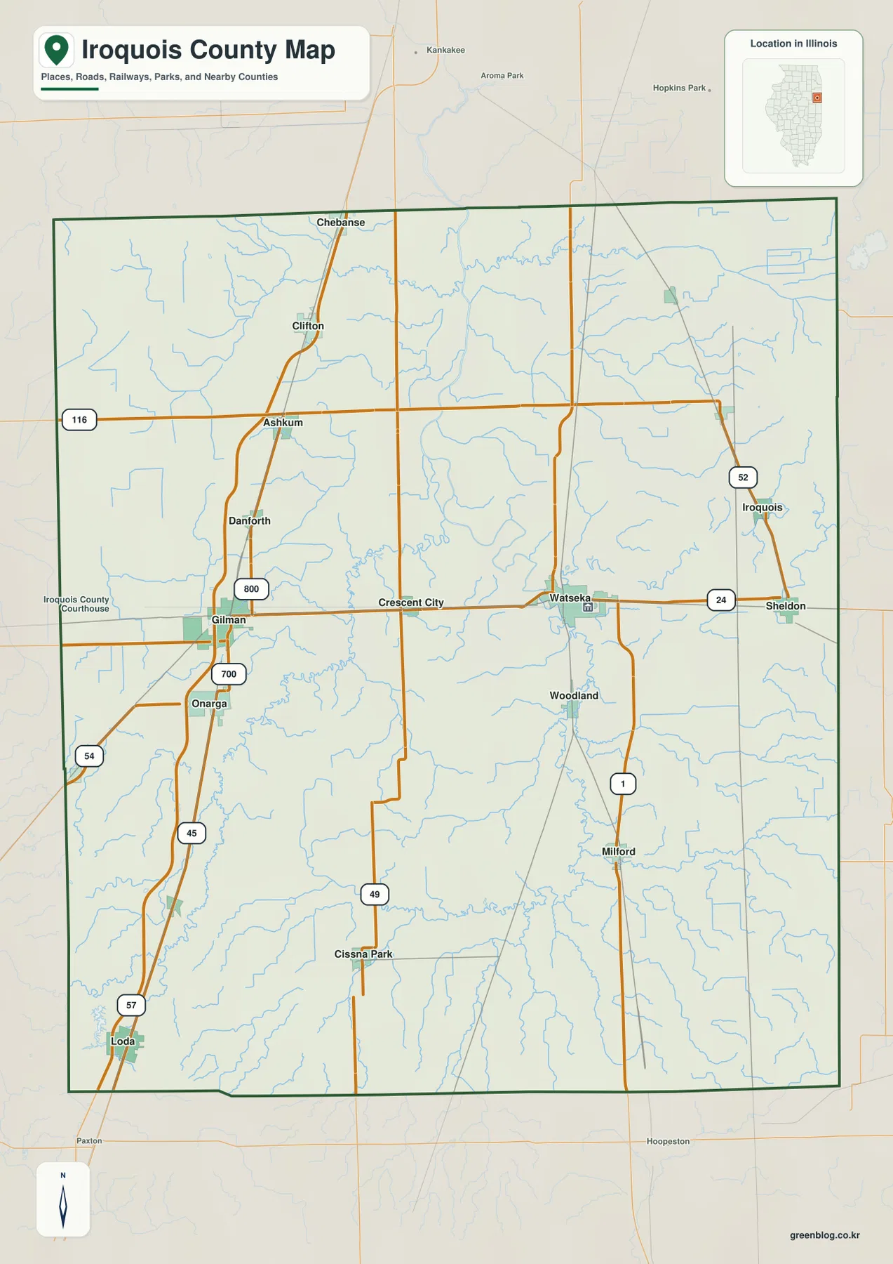 일리노이주 이로쿼이 카운티 지도에 표시된 Watseka, Gilman, Onarga, Clifton과 Route 24, I-57, Route 1