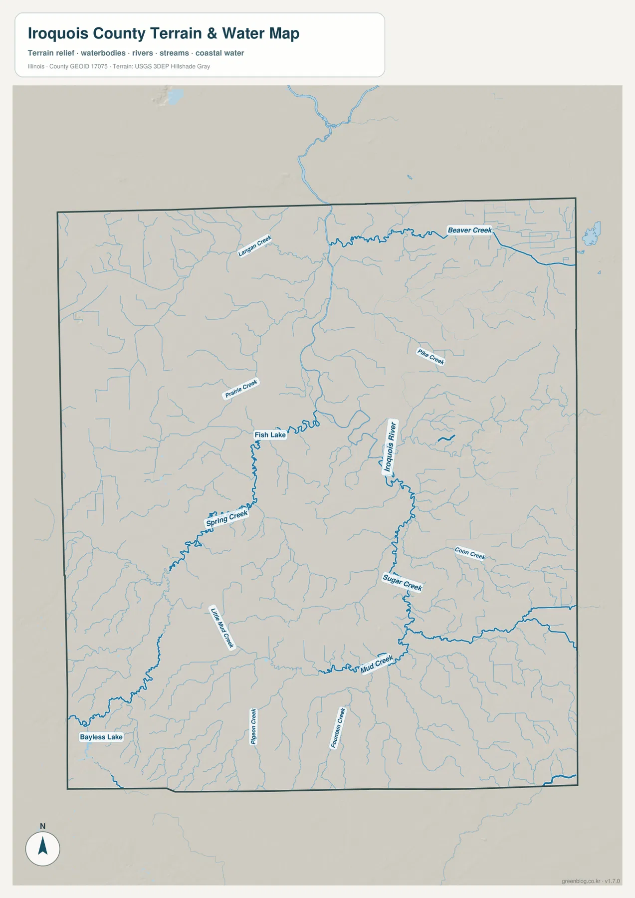Iroquois County 수역 지도에 표시된 Iroquois River, Beaver Creek, Sugar Creek, Mud Creek와 Fish Lake