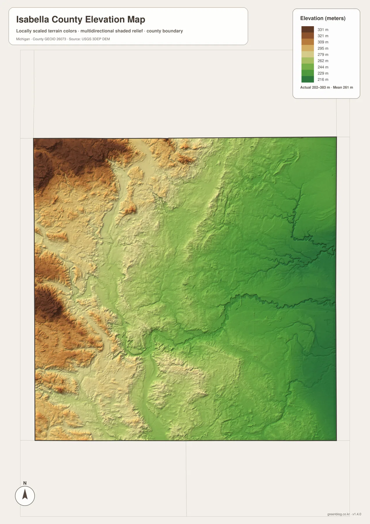 Isabella County elevation map showing higher western ridges and lower eastern terrain across an approximate 202 to 383 meter range