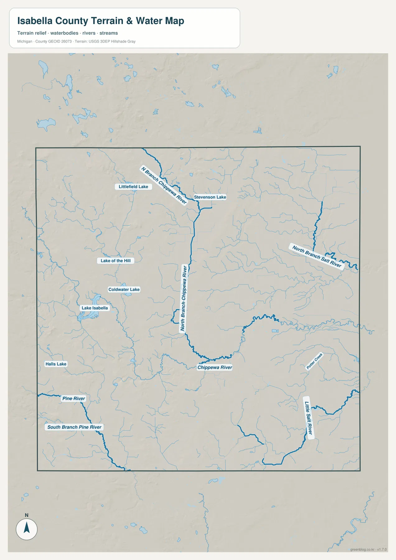 Isabella County water map showing Chippewa River, North Branch Chippewa River, Lake Isabella, Salt River branches, Pine River, and named lakes