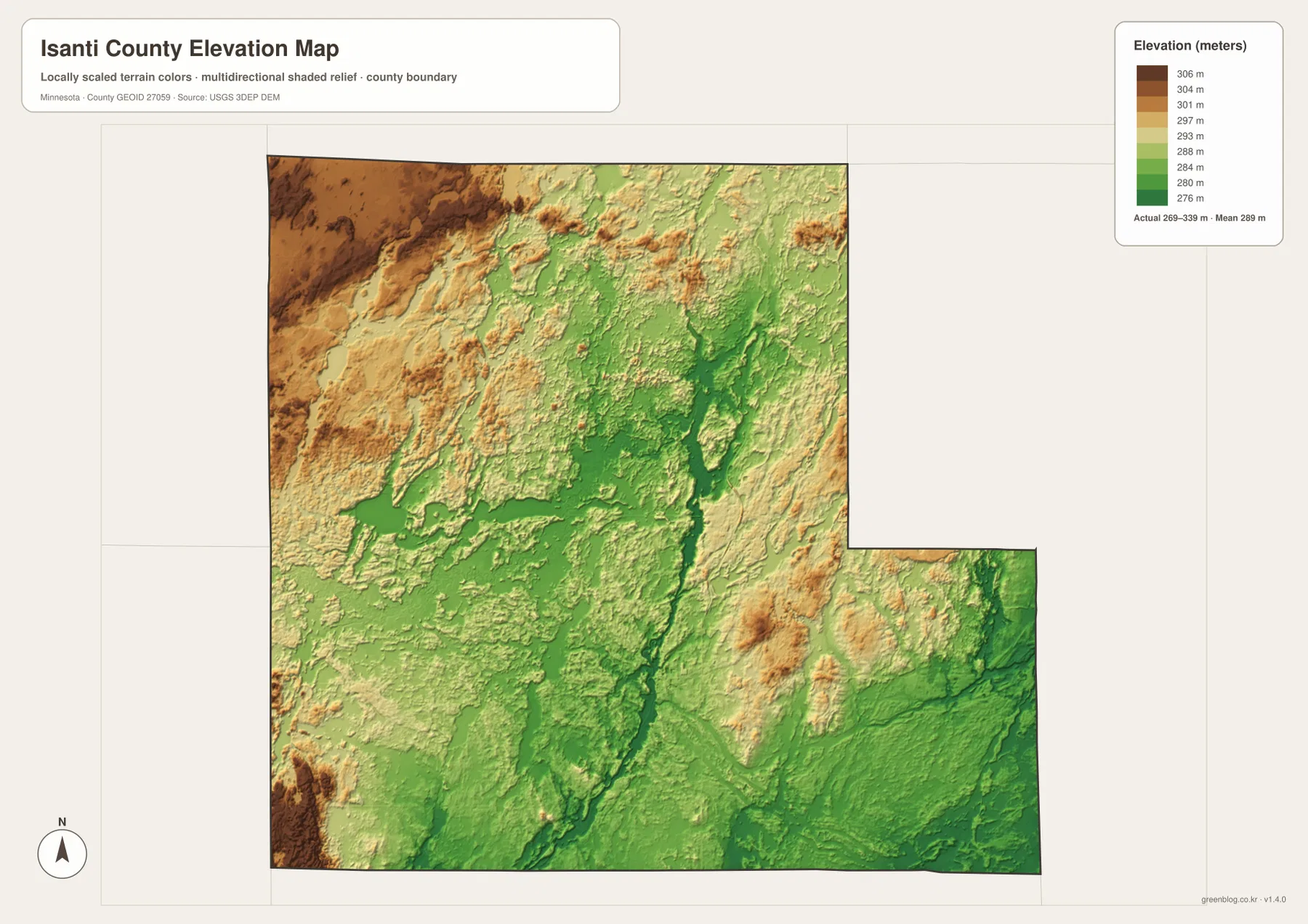 Isanti County elevation map showing approximately 269 to 339 meters, higher northwest terrain and lower river valleys