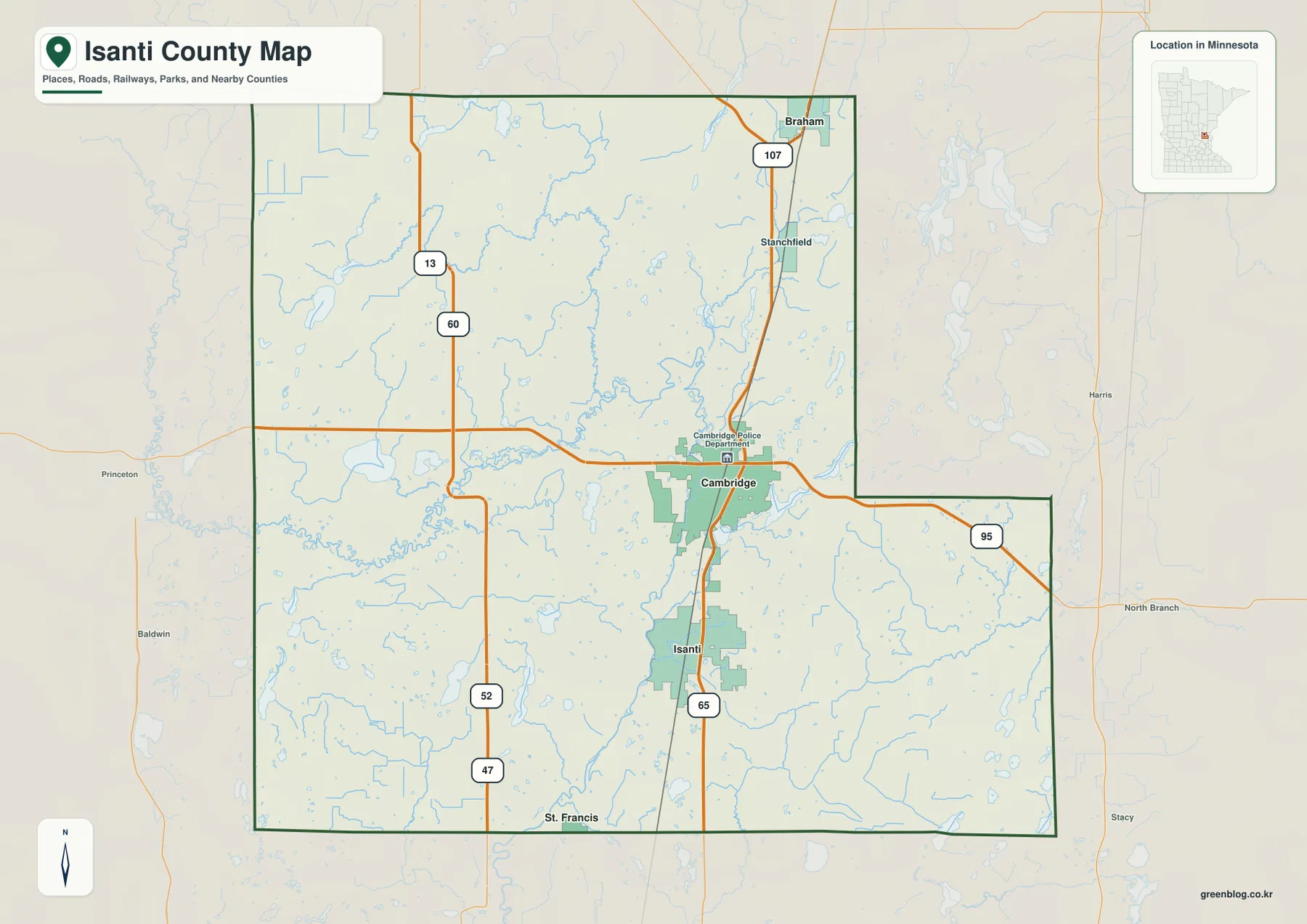 Isanti County map showing Cambridge, Isanti, Braham, Stanchfield and major highways