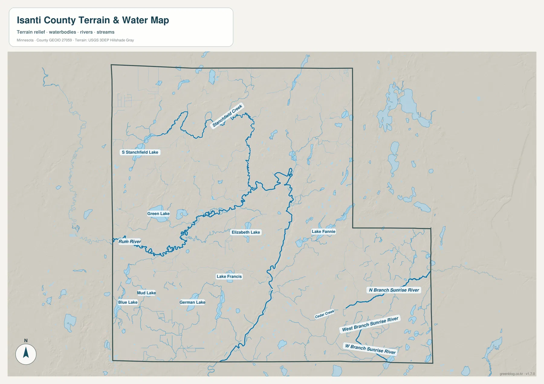 Isanti County water map showing the Rum River, Stanchfield Creek, Green Lake, Lake Fannie and Sunrise River branches