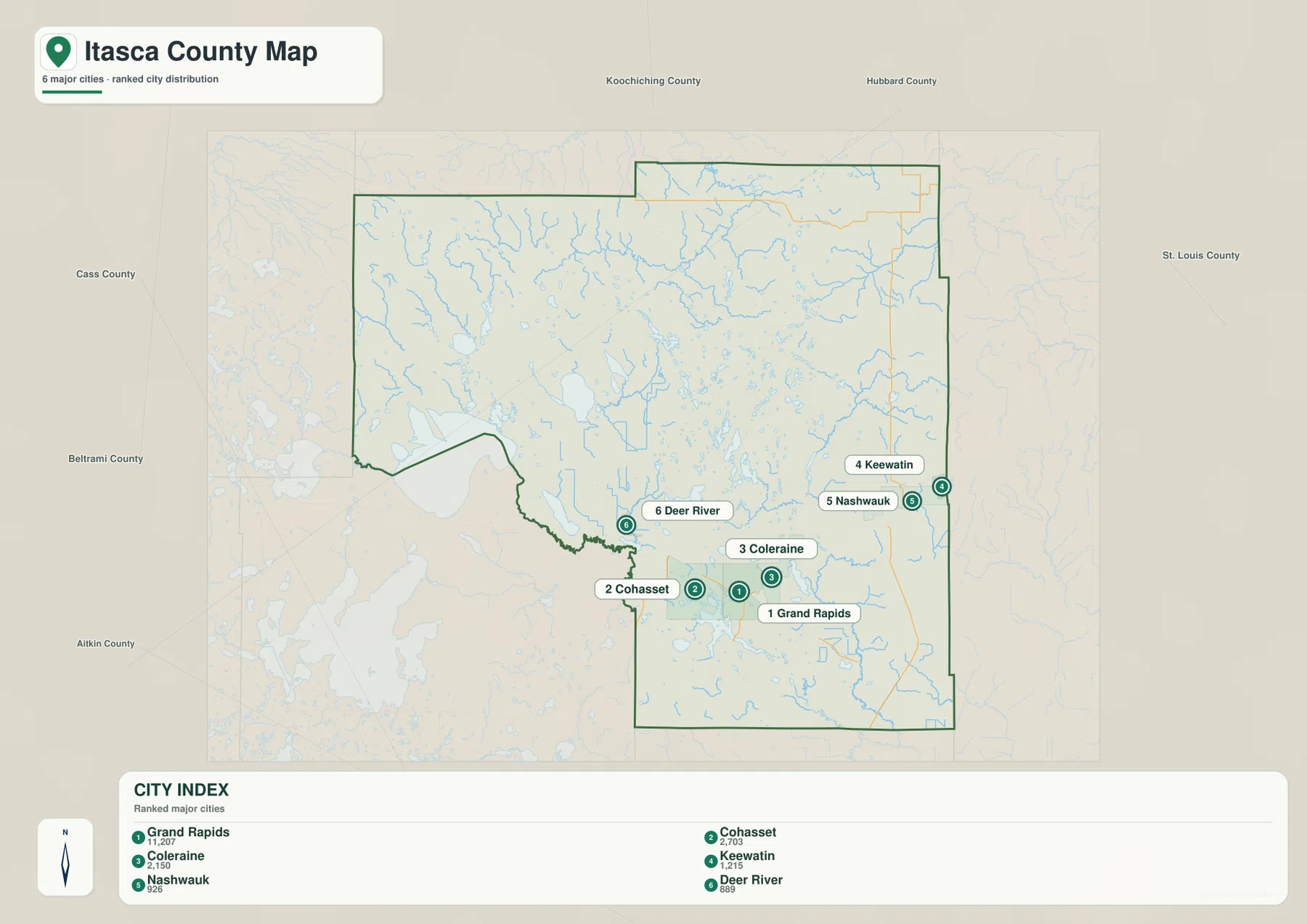 Itasca County city map showing Grand Rapids, Cohasset, Coleraine, Keewatin, Nashwauk, and Deer River