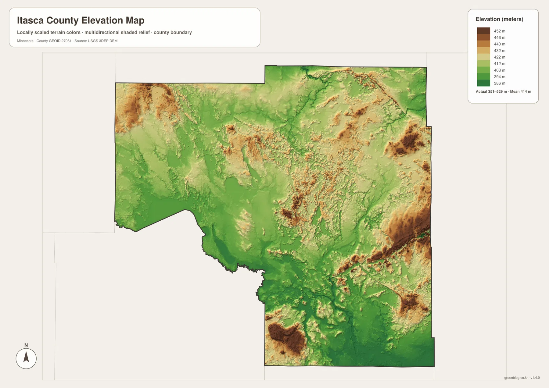 Itasca County elevation map showing approximately 351 to 529 meters of elevation and several upland areas