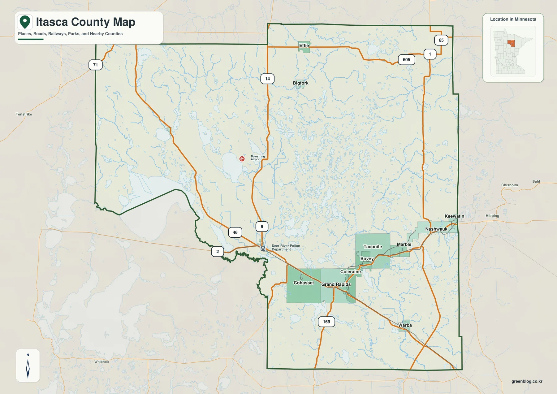 Itasca County map showing Grand Rapids, Cohasset, Coleraine, Bovey, Nashwauk, Keewatin and major roads