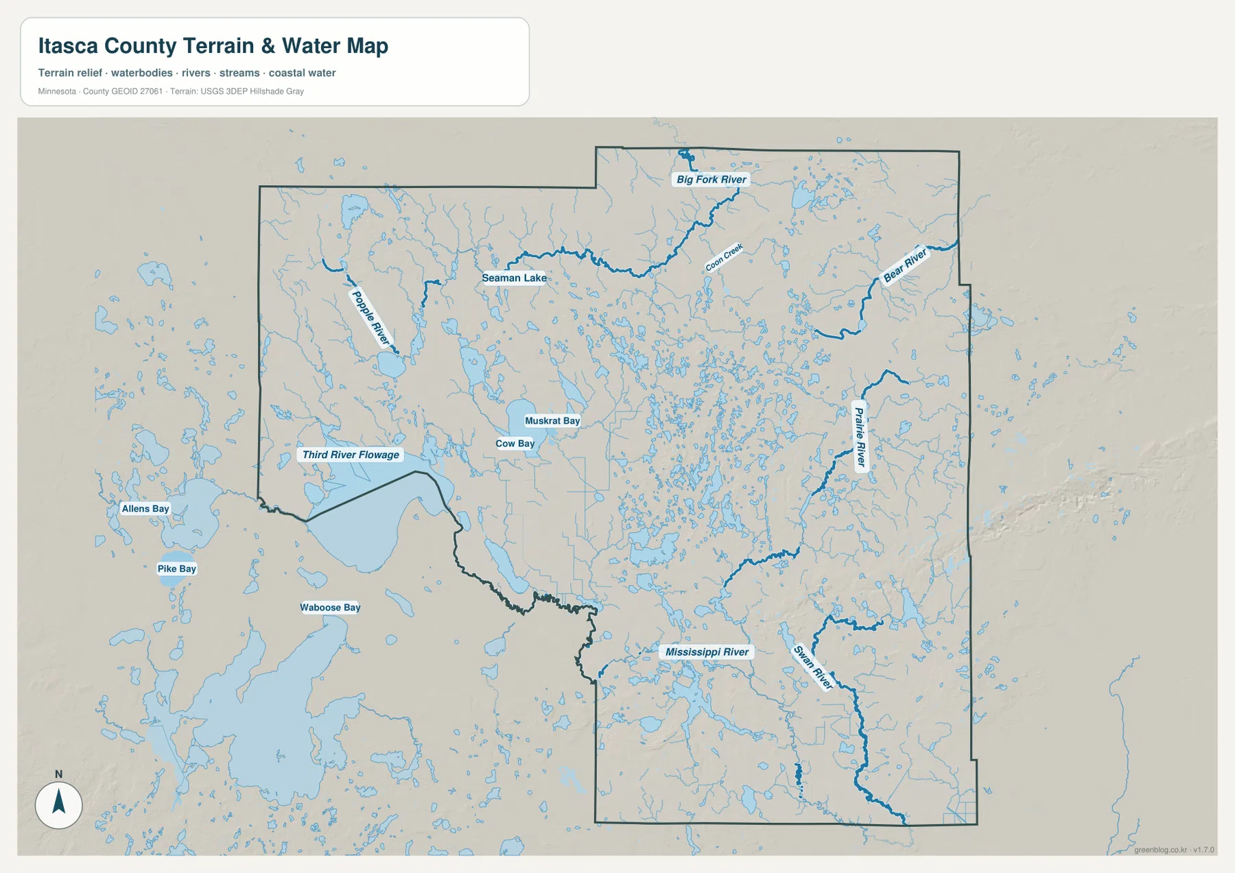 Itasca County water map showing the Mississippi River, Big Fork River, Prairie River, Bear River, Turtle River and many lakes