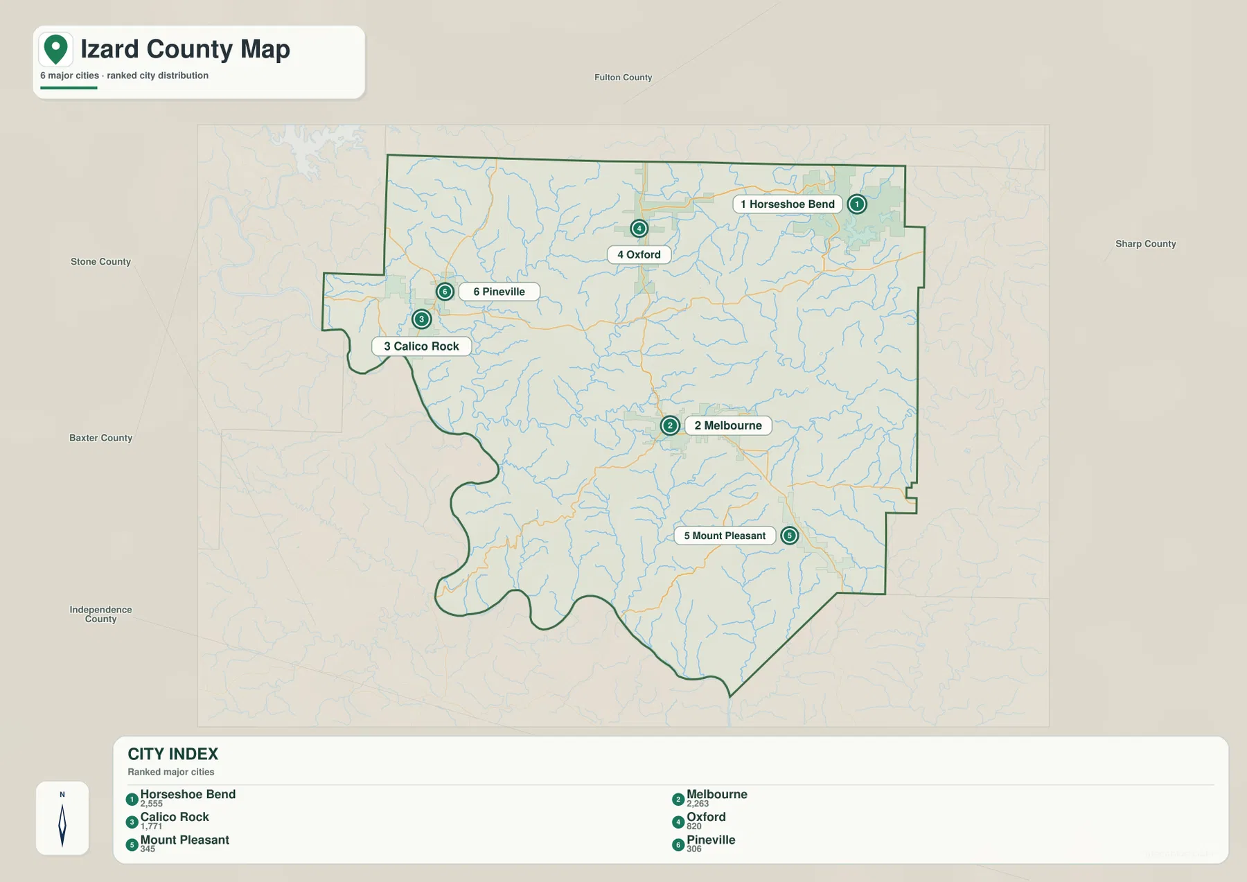 Izard County city map showing ranked locations of Horseshoe Bend, Melbourne, Calico Rock, Oxford, Mount Pleasant and Pineville