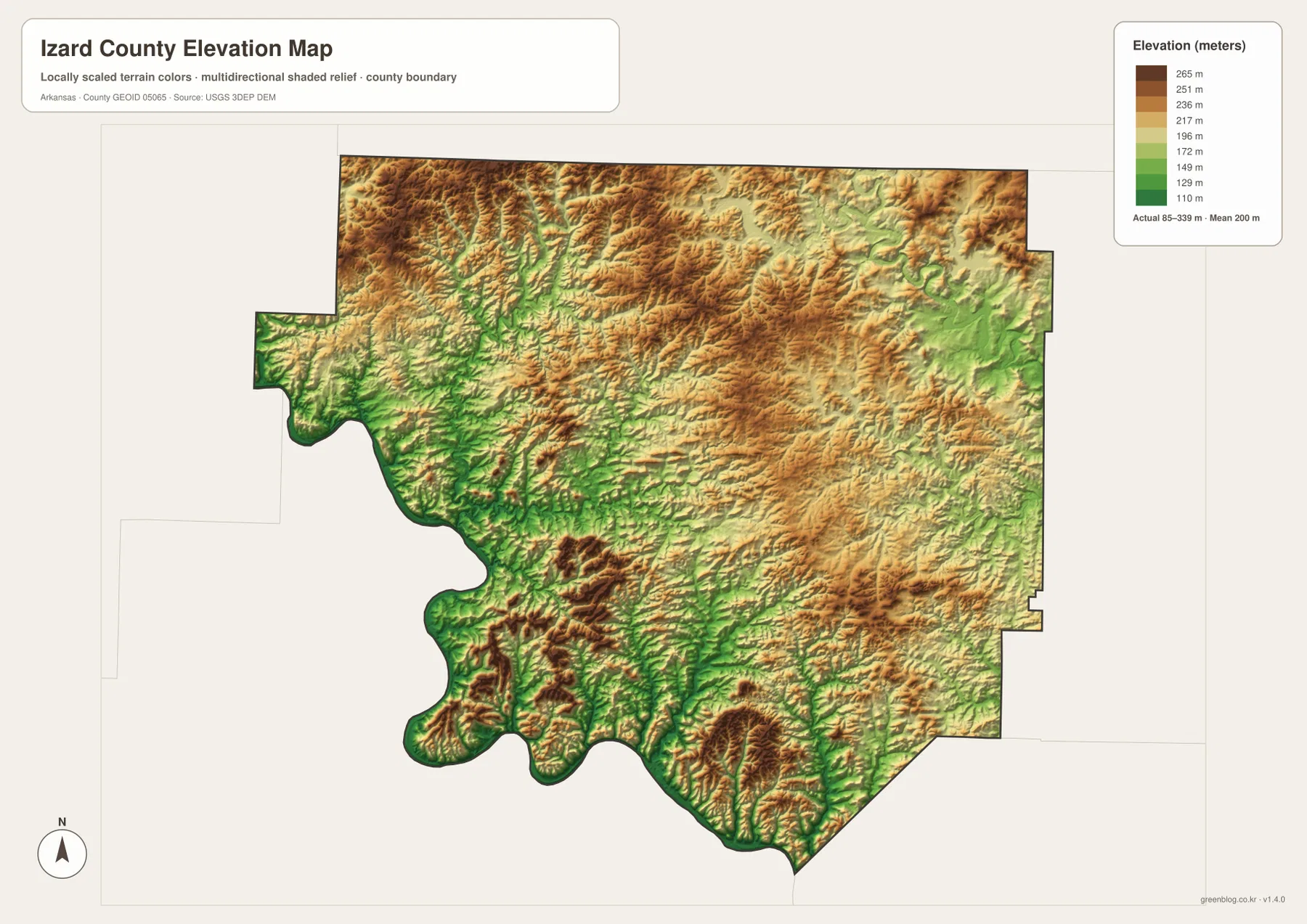 Izard County Arkansas elevation map showing an 85 to 339 meter range across rolling uplands and creek valleys