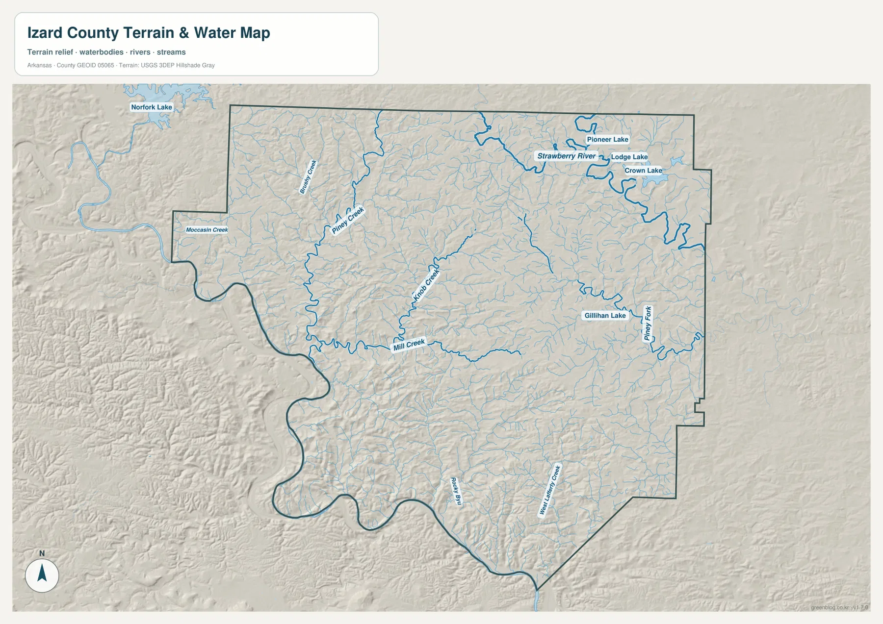 Izard County terrain and water map showing Strawberry River, Piney Creek, Knob Creek, Mill Creek and named lakes