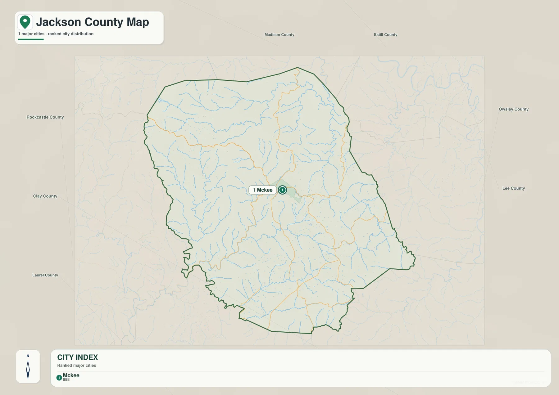 Jackson County Kentucky city map with McKee as the only ranked major city