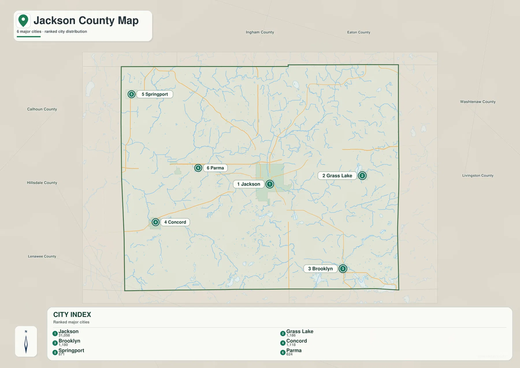 Ranked Jackson County Michigan city map showing Jackson, Grass Lake, Brooklyn, Concord, Springport, and Parma