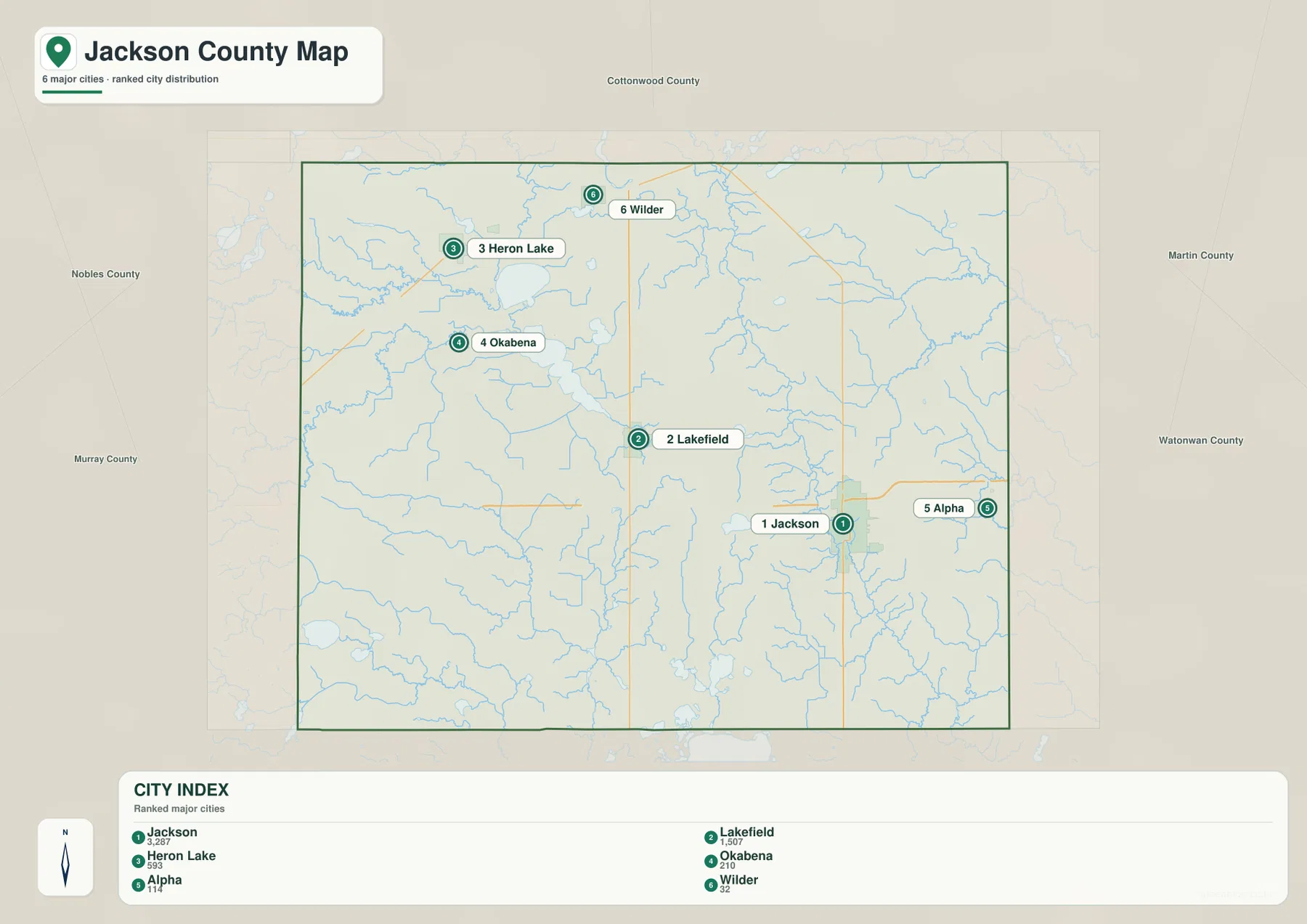 Jackson County city map showing Jackson, Lakefield, Heron Lake, Okabena, Alpha and Wilder
