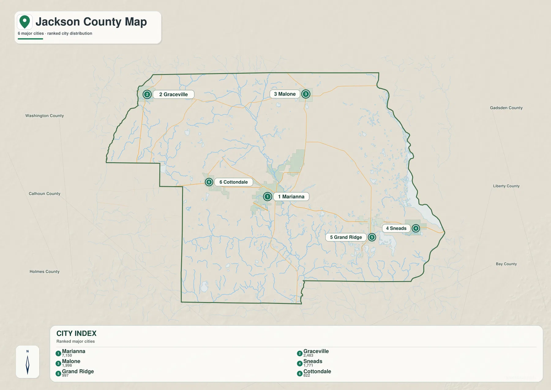 Jackson County city map showing Marianna, Graceville, Malone, Sneads, Grand Ridge, and Cottondale