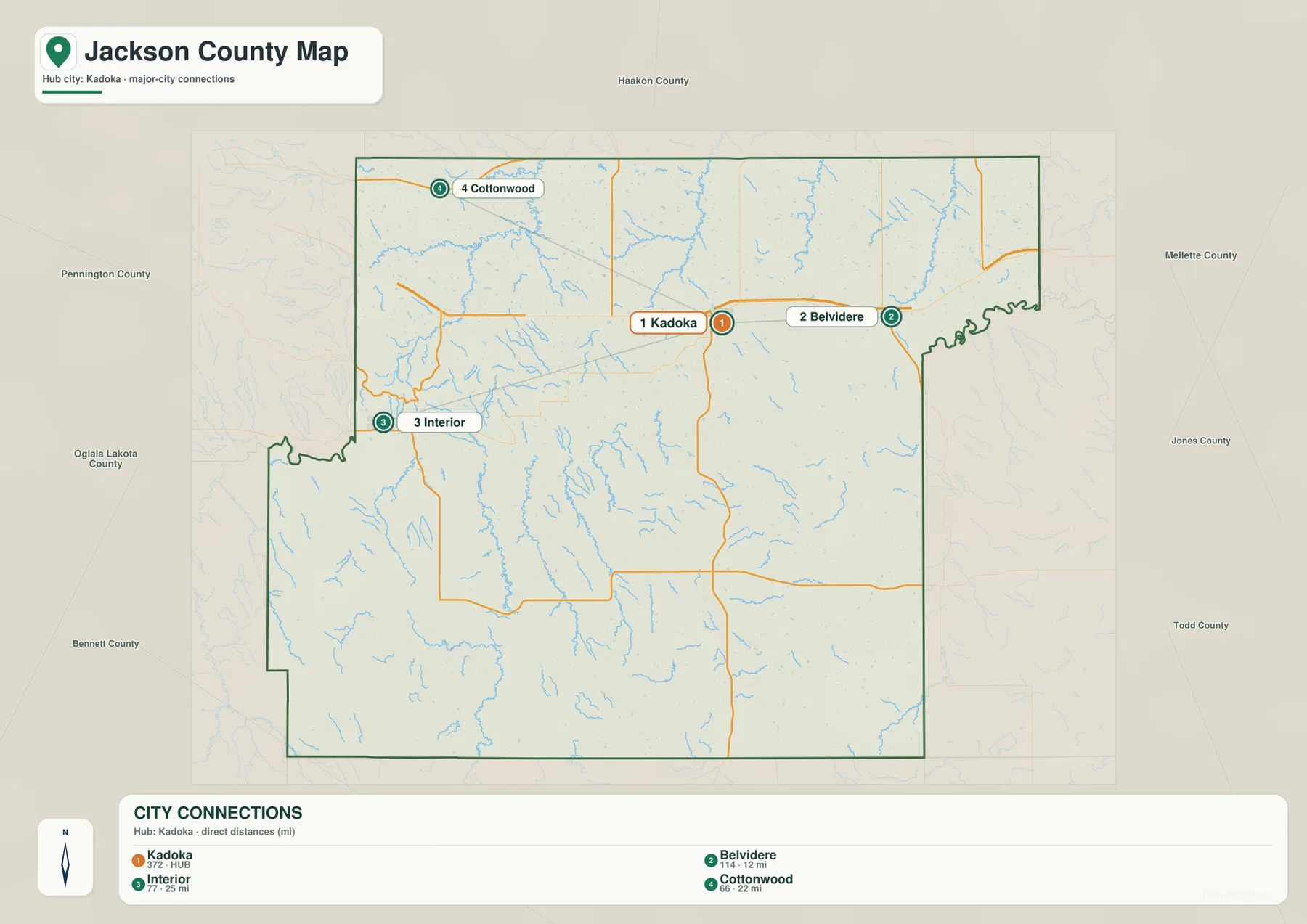 Jackson County 도시 연결 지도에서 Kadoka를 기준으로 Belvidere, Cottonwood, Interior와 직선거리를 표시한 모습