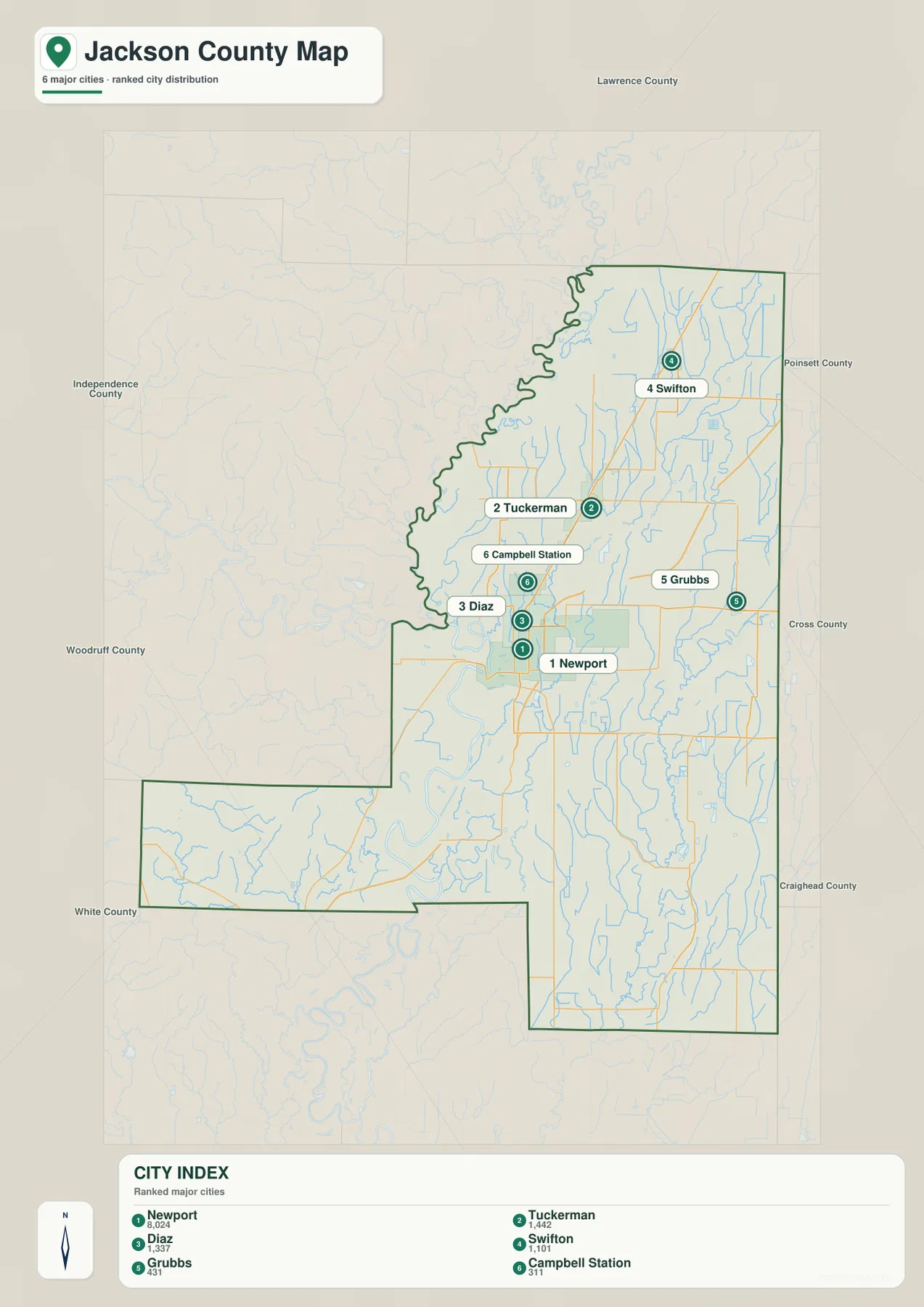 Jackson County city map showing ranked locations of Newport, Tuckerman, Diaz, Swifton, Grubbs and Campbell Station