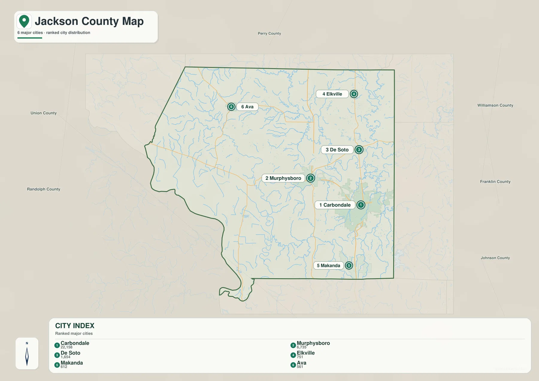 Jackson County Illinois CITY INDEX map with Carbondale, Murphysboro, De Soto, Elkville, Makanda and Ava