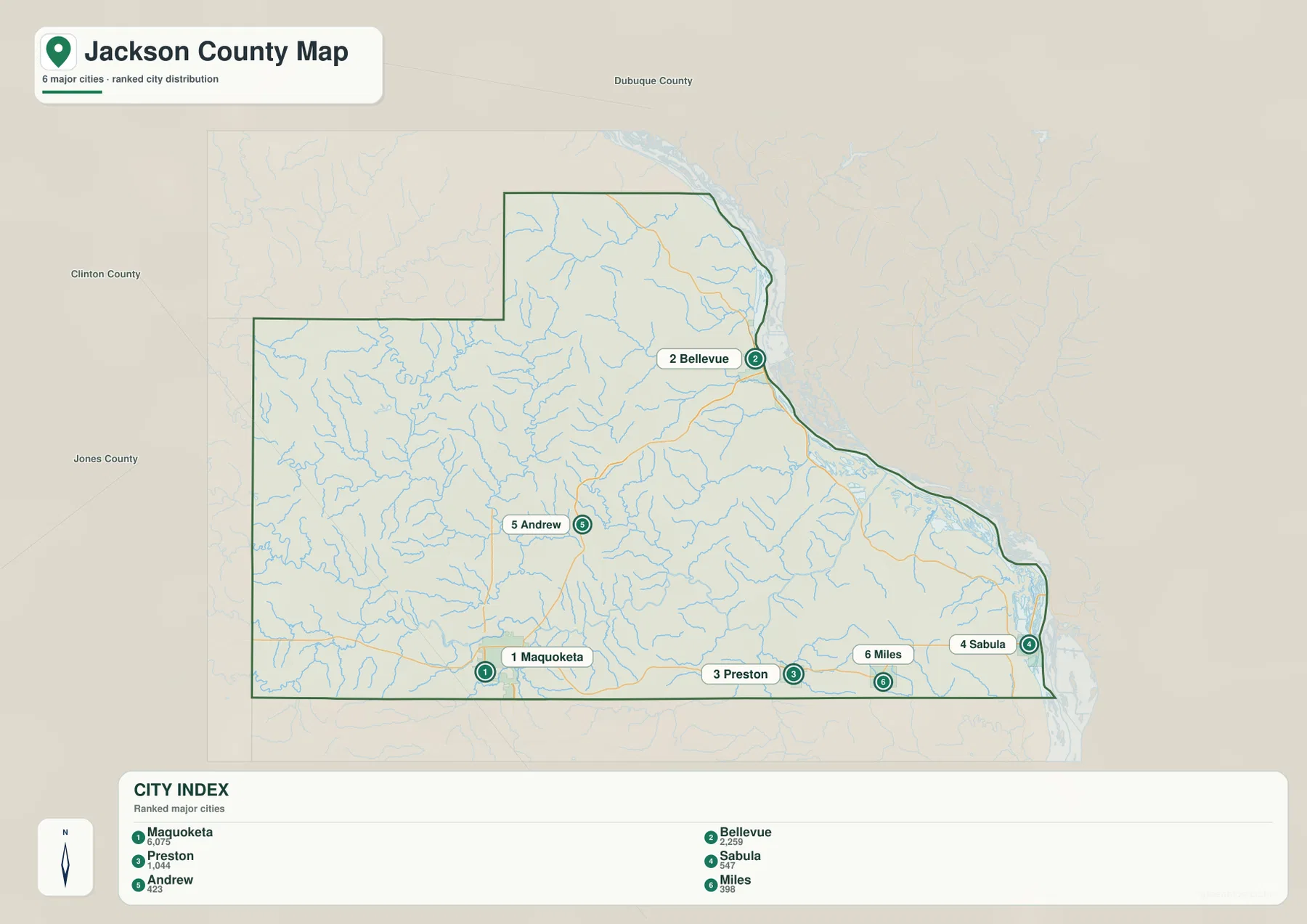 Jackson County Iowa city map Maquoketa Bellevue Preston Sabula Andrew Miles
