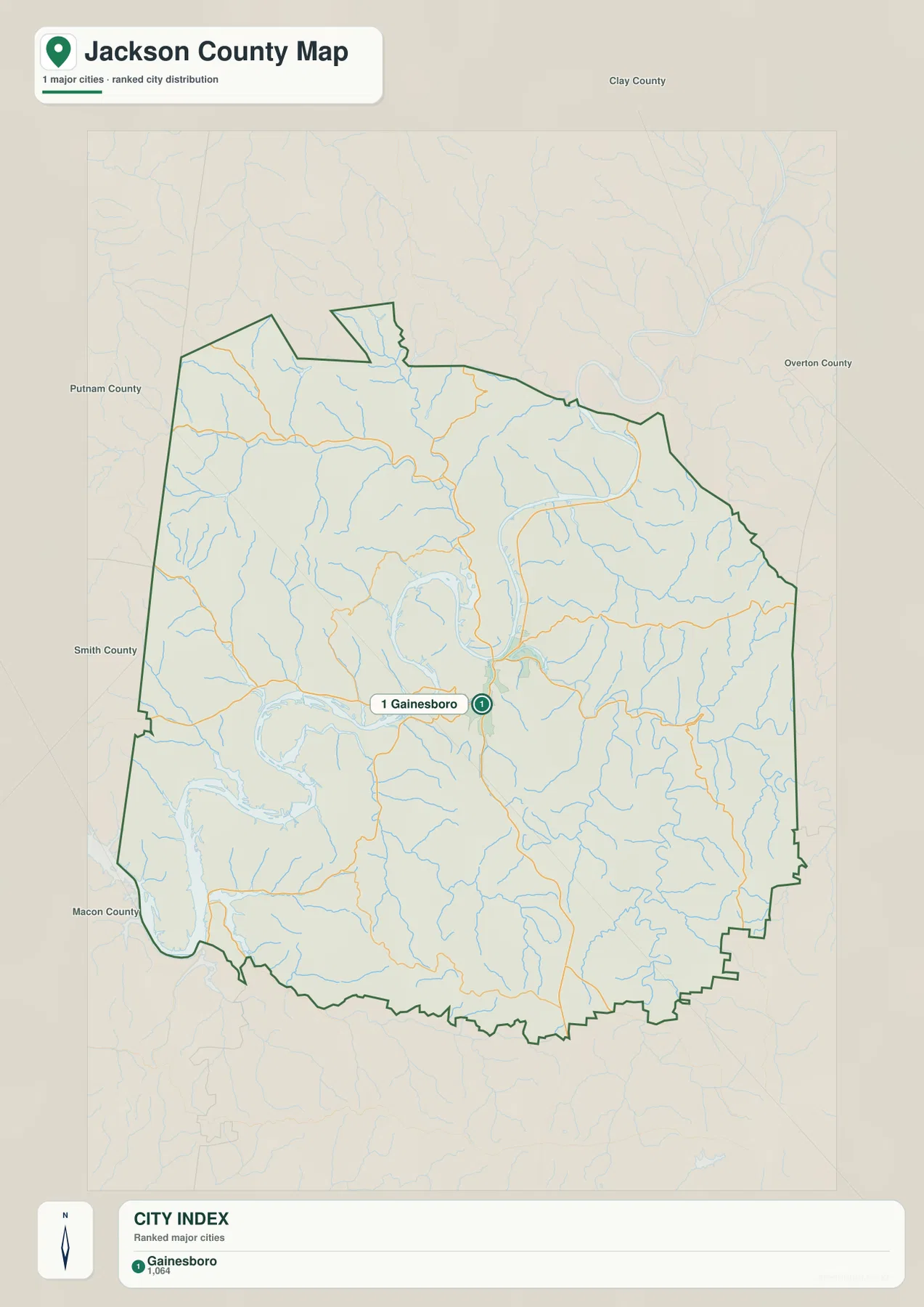 Jackson County Tennessee city map showing Gainesboro and surrounding county references