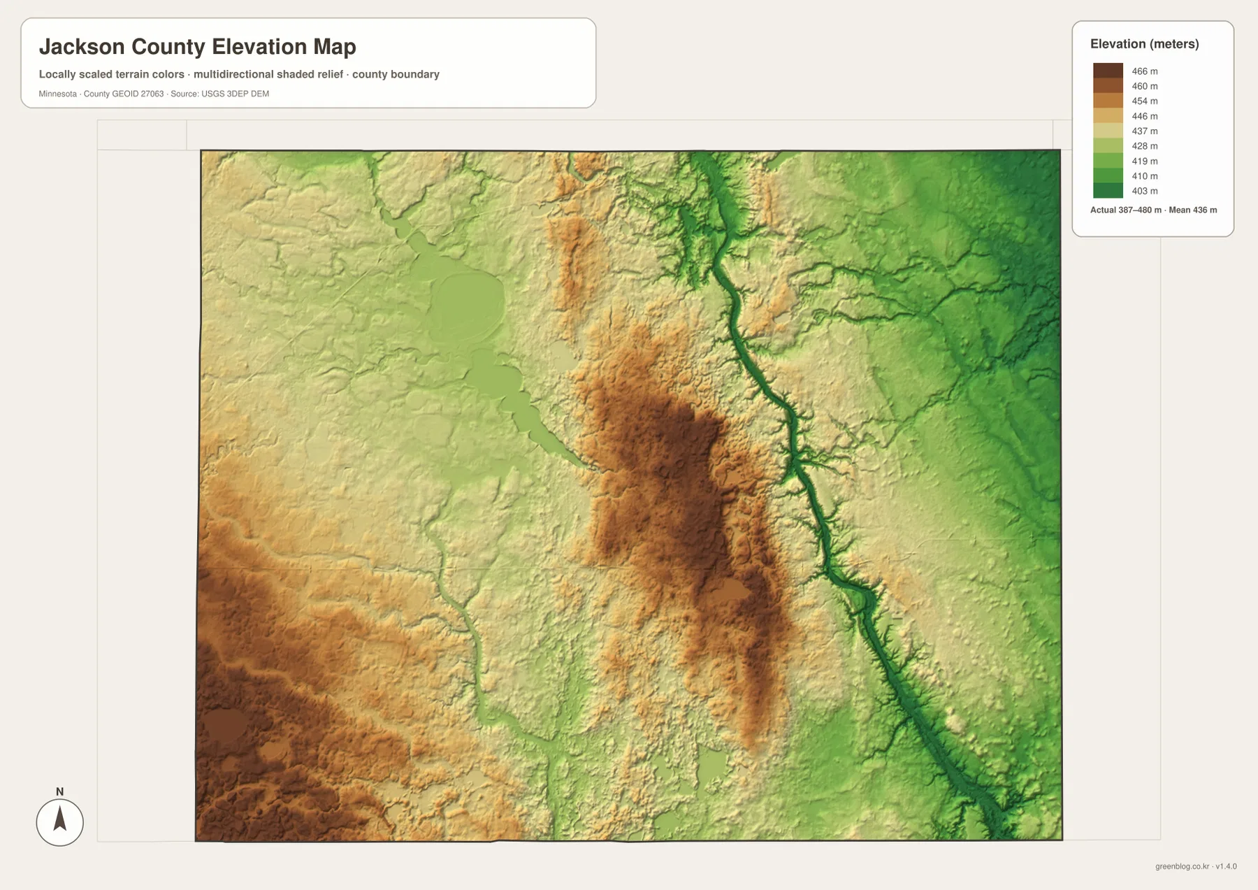 Jackson County elevation map showing approximately 387 to 480 meters, central uplands and the Des Moines River valley
