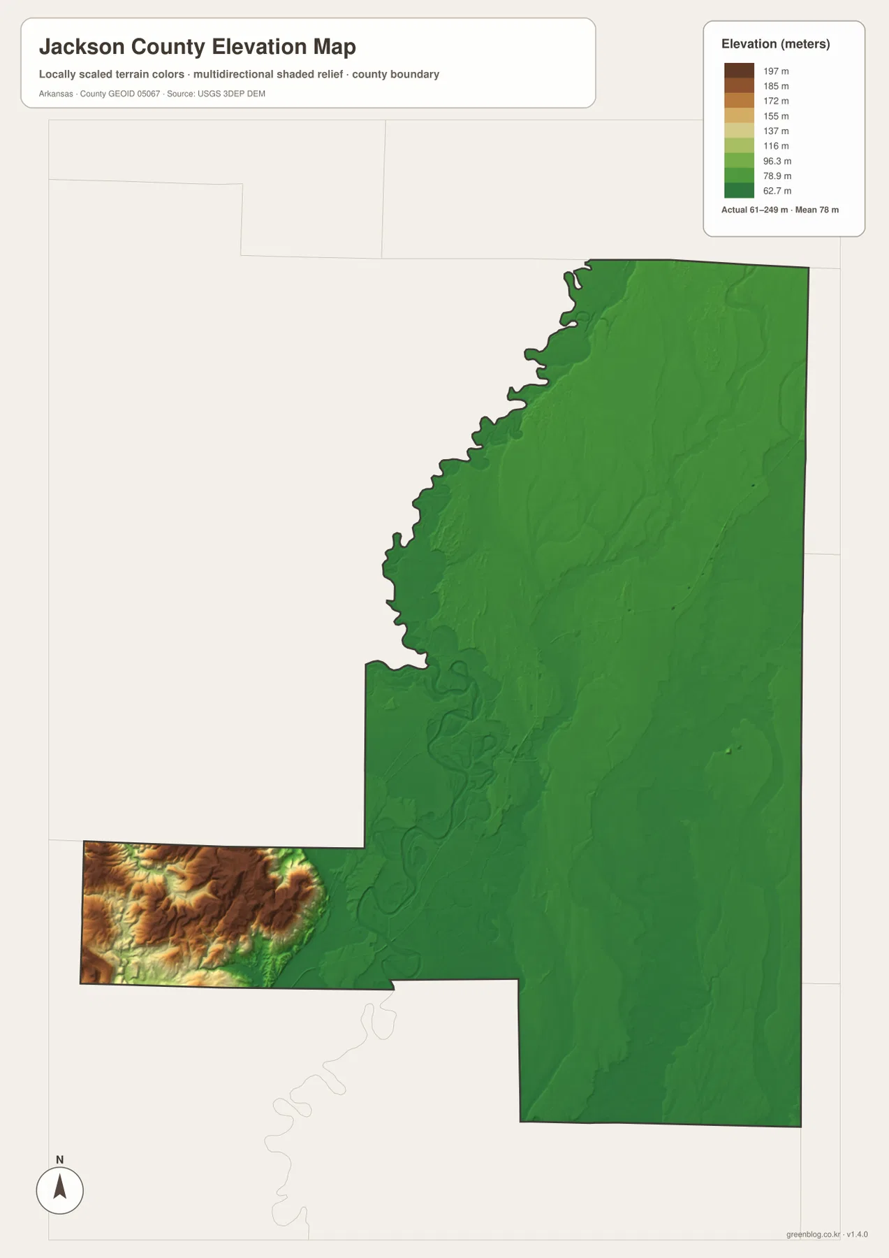Jackson County Arkansas elevation map showing a 61 to 249 meter range with broad lowlands and higher terrain in the southwest
