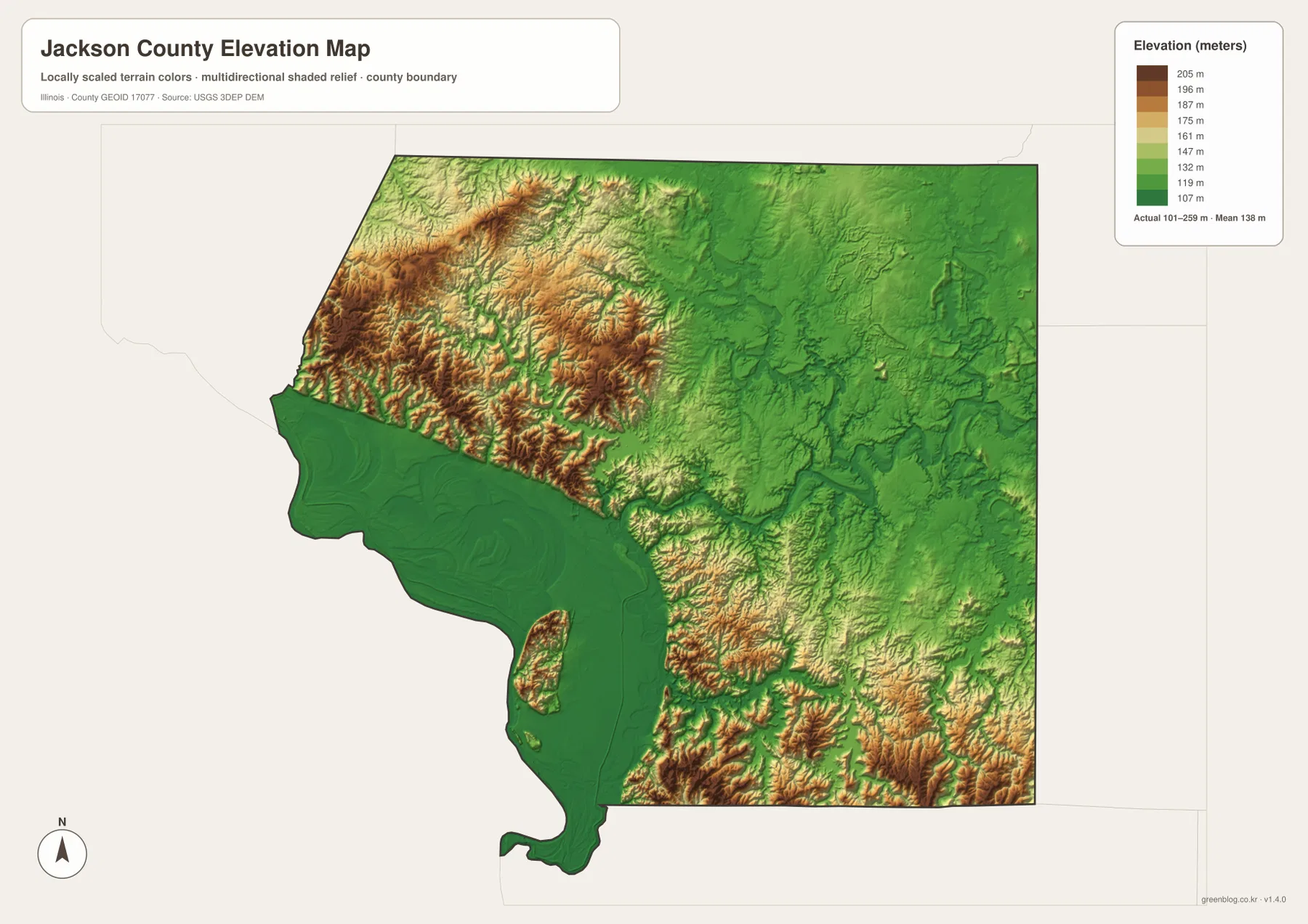 Jackson County Illinois elevation map showing 101 to 259 meters with western ridges, Mississippi River lowlands and southeastern high terrain
