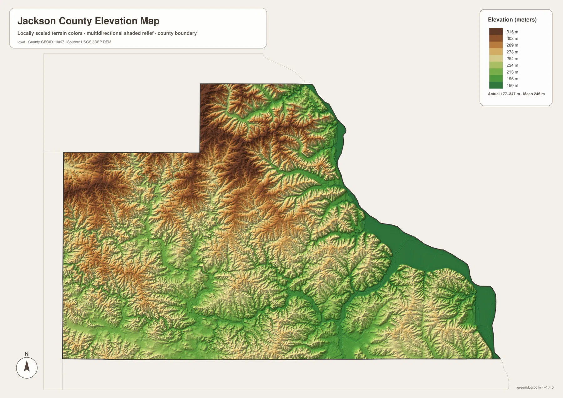 Jackson County Iowa elevation map 177 347 meters Mississippi River lowland northern western ridges