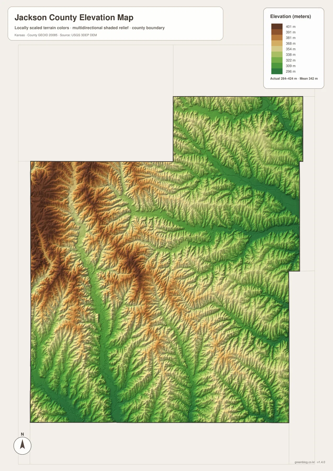Jackson County elevation map showing the 284–424 meter range, higher western hills, and lower Soldier Creek, Elk Creek, and Delaware River valleys