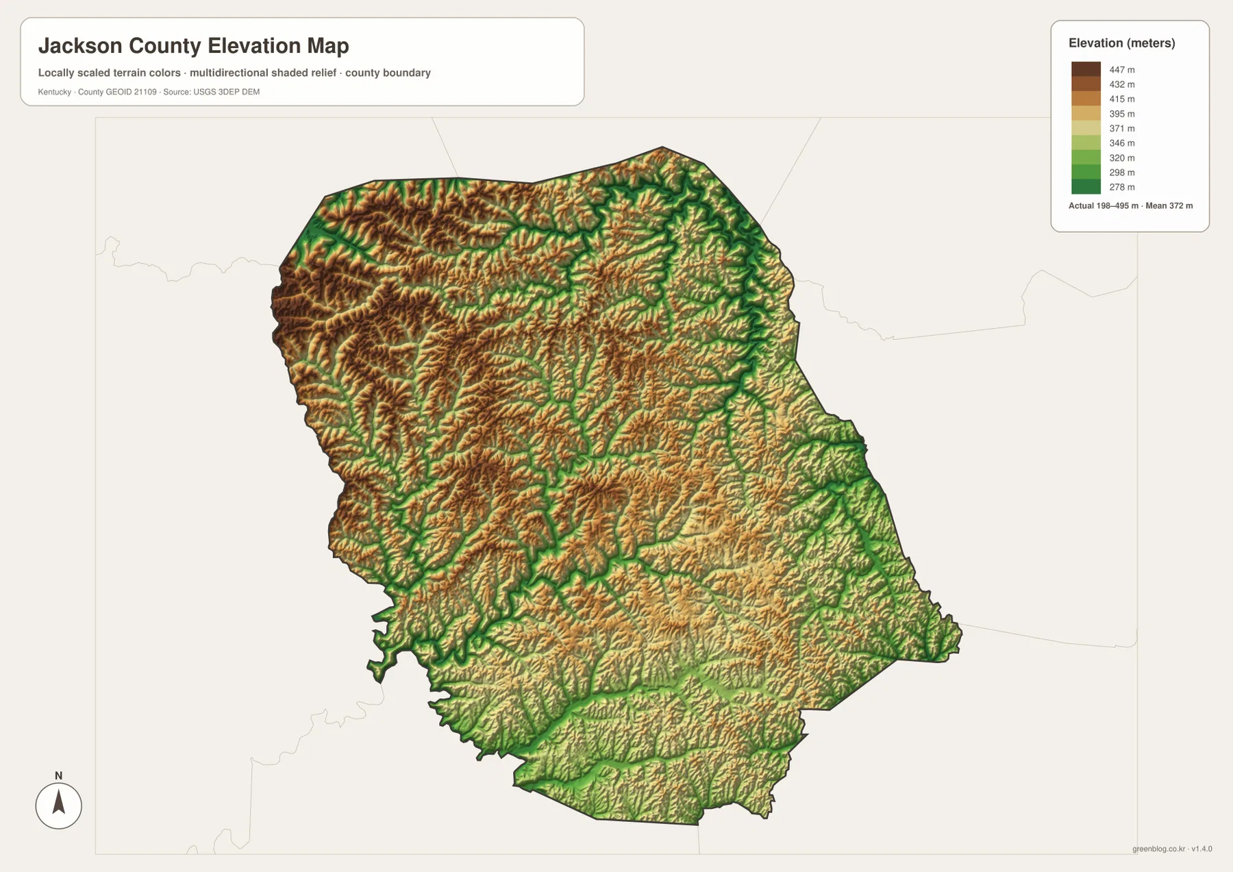 Jackson County Kentucky elevation map showing an actual range of about 198 to 495 meters and a mean of 372 meters