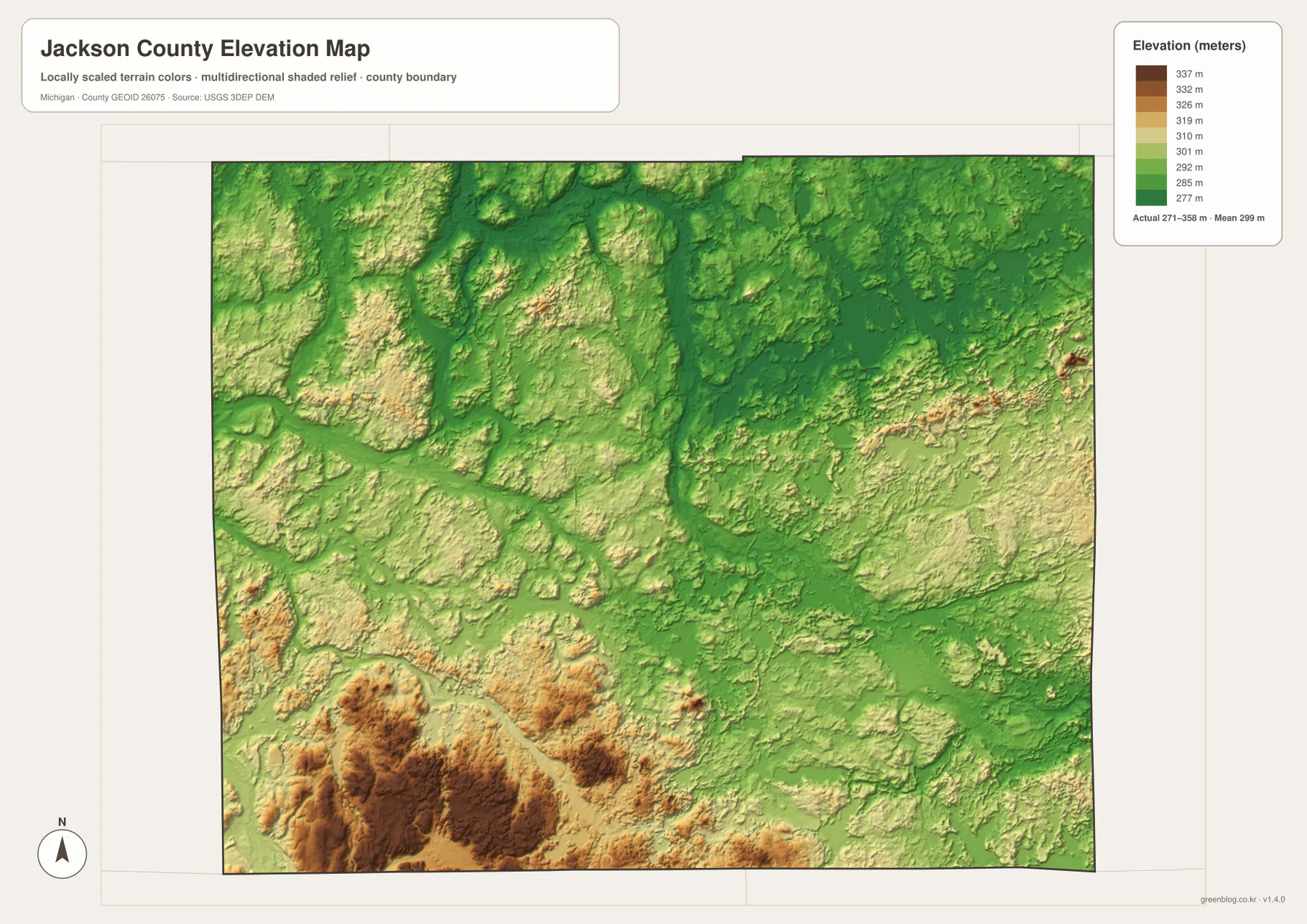 Jackson County Michigan elevation map showing 271 to 358 meters, high southwestern hills, and lower central terrain