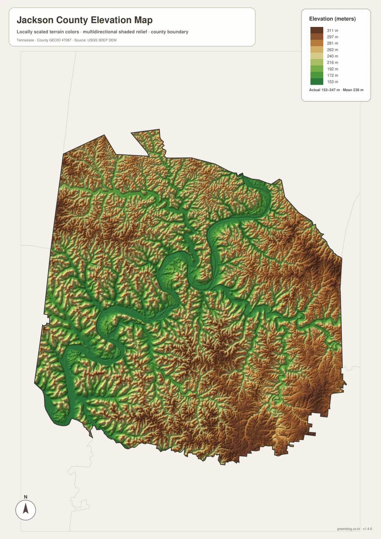 Jackson County Tennessee elevation map showing 152 to 347 meter relief, Cumberland River valleys and high eastern hills
