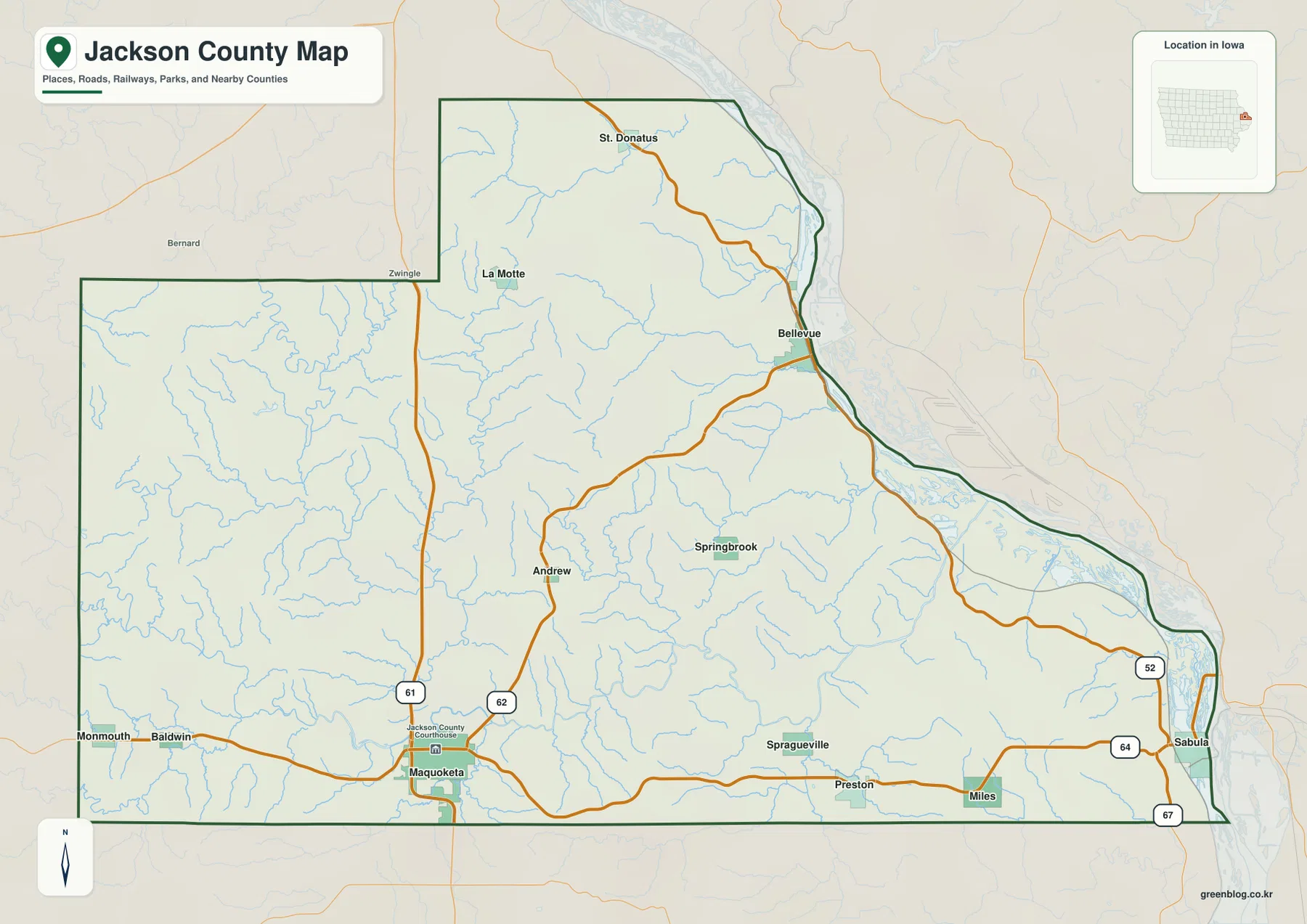 Jackson County Iowa map Maquoketa Bellevue Sabula U.S. 61 Iowa 62 Iowa 64
