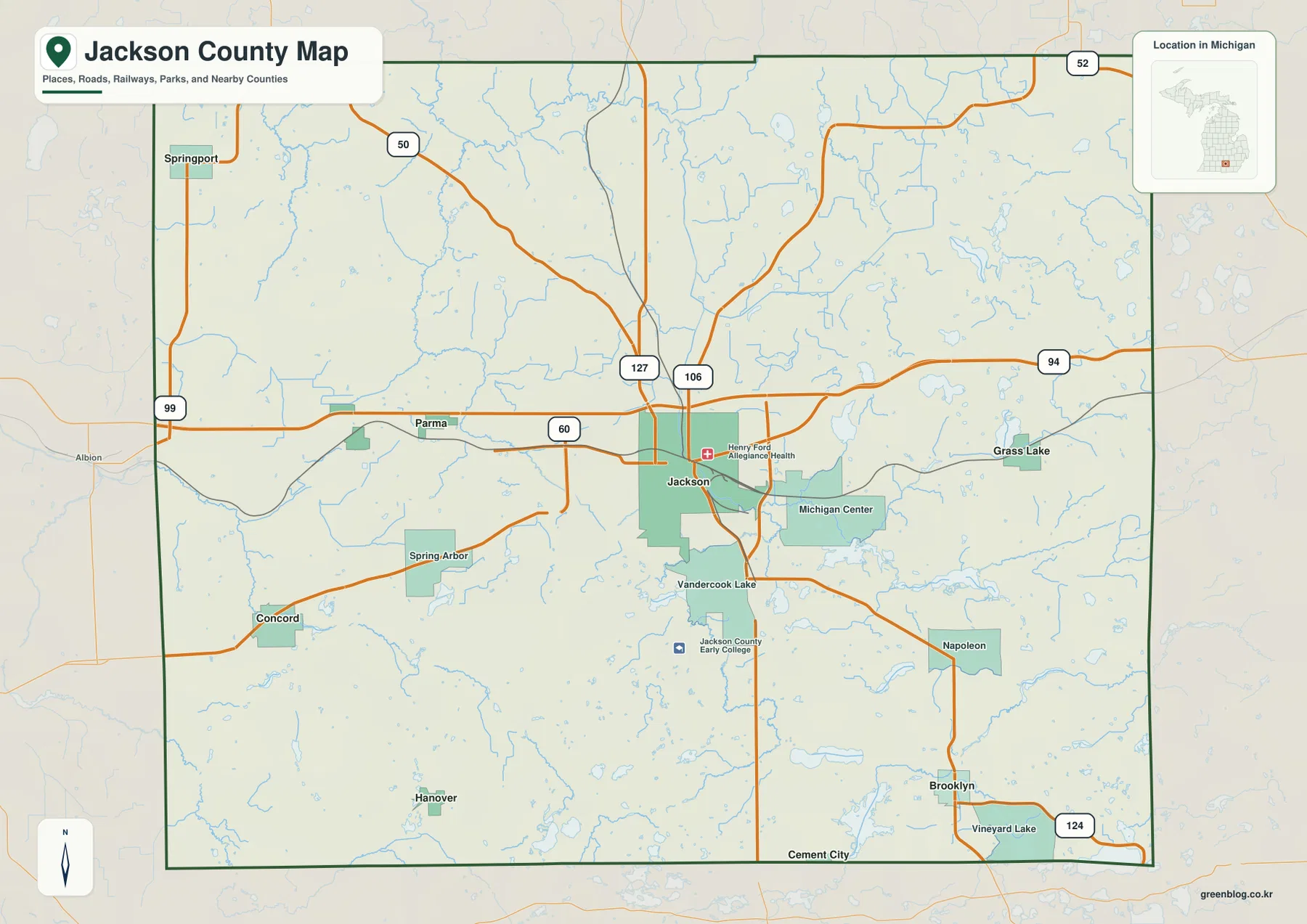 Jackson County Michigan map showing Jackson, I-94, US-127, Parma, Grass Lake, Concord, Brooklyn, and surrounding roads