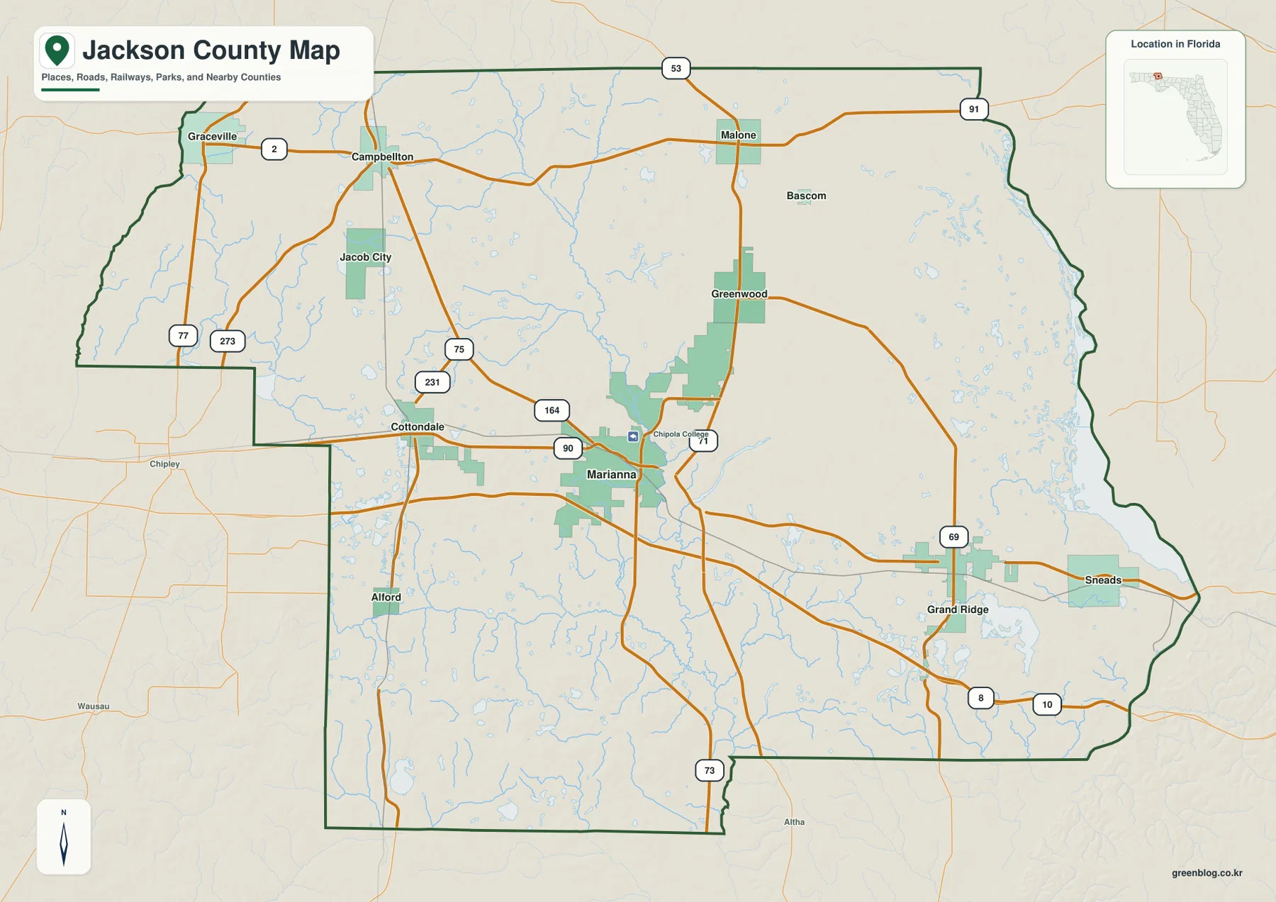Jackson County Florida map showing Marianna, roads, nearby towns, water features, and county boundaries