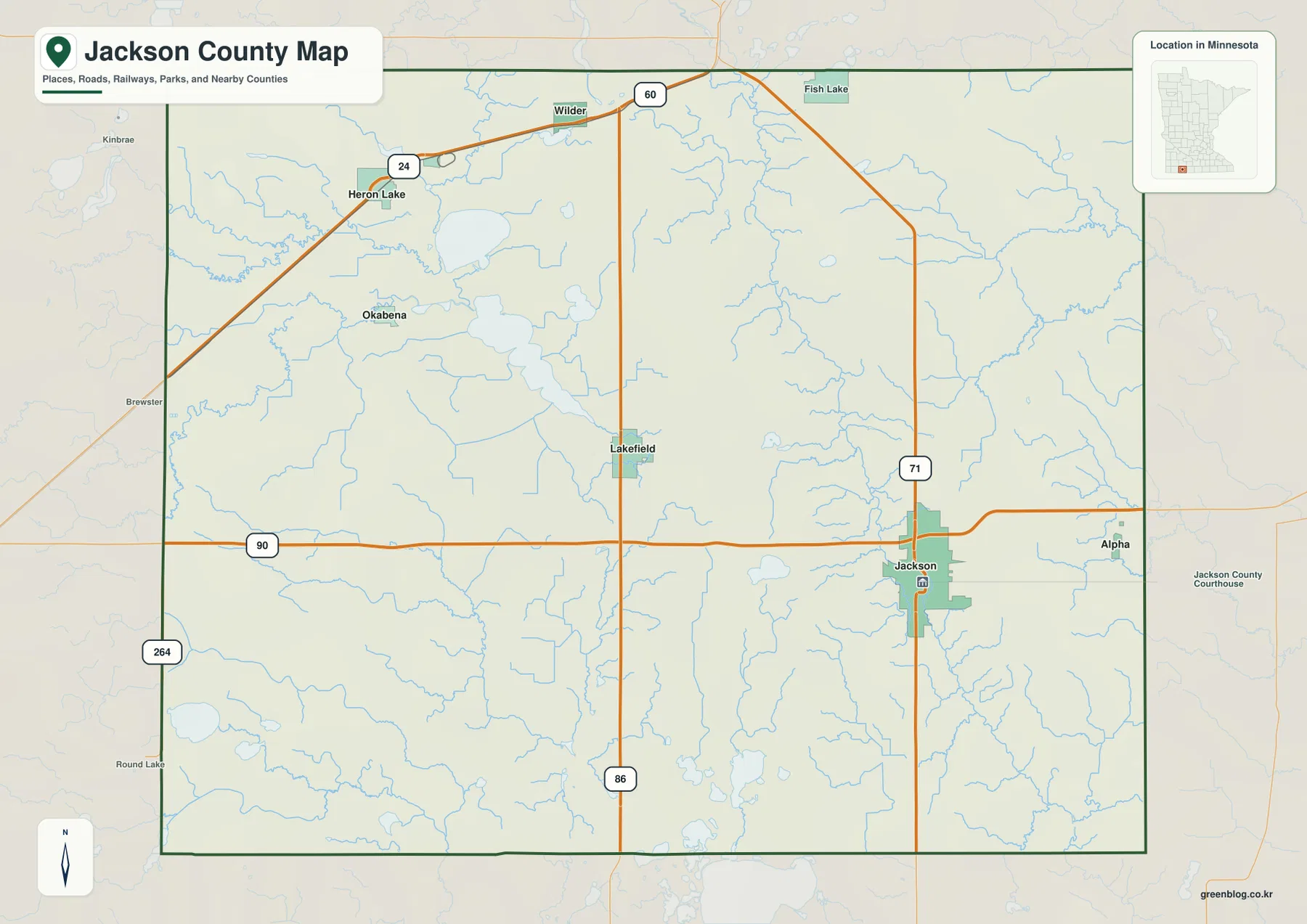 Jackson County map showing Jackson, Lakefield, Heron Lake, Okabena, I-90, U.S. 71 and major roads