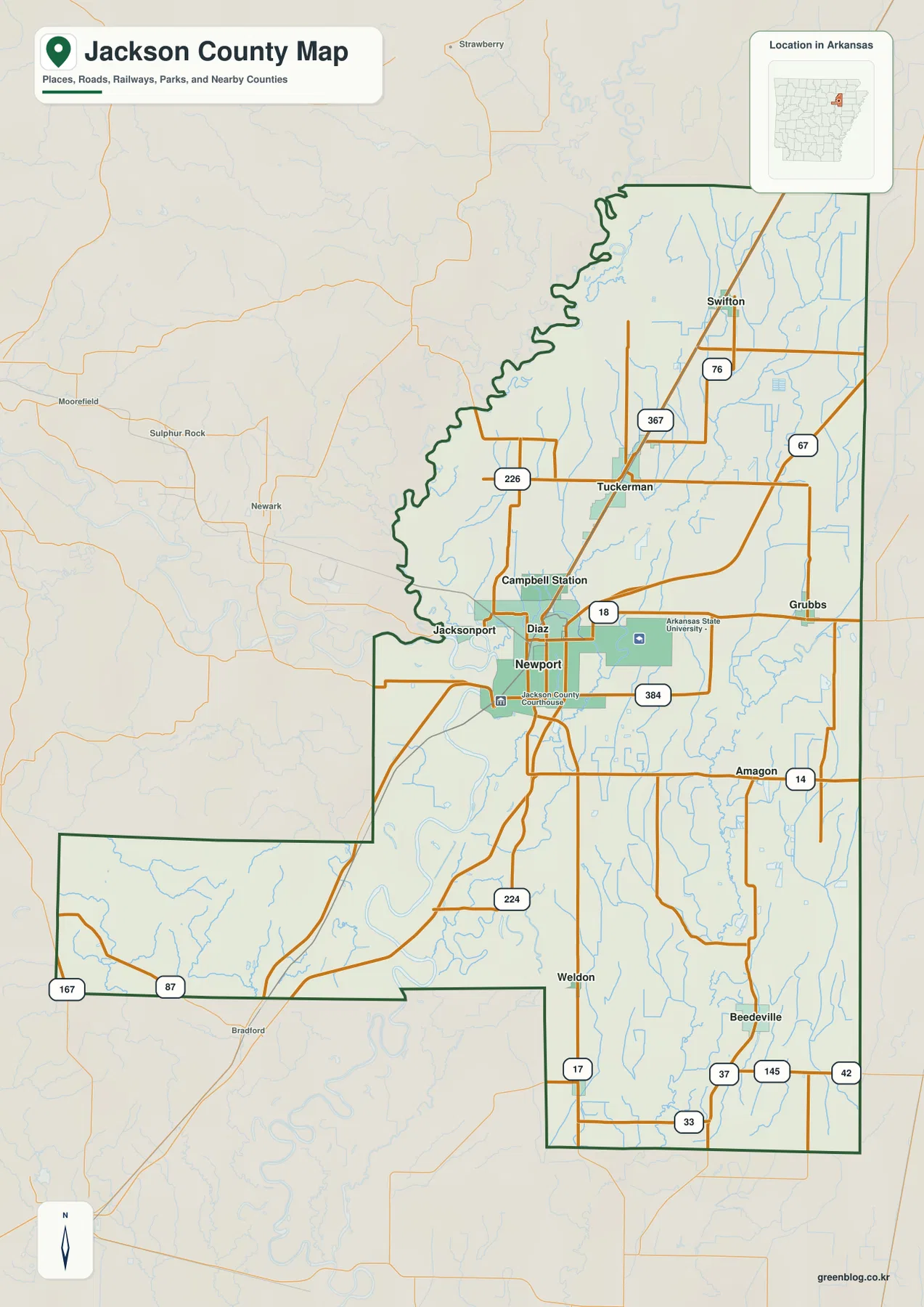 Jackson County Arkansas map showing Newport, Tuckerman, Diaz, Swifton, Grubbs and major roads