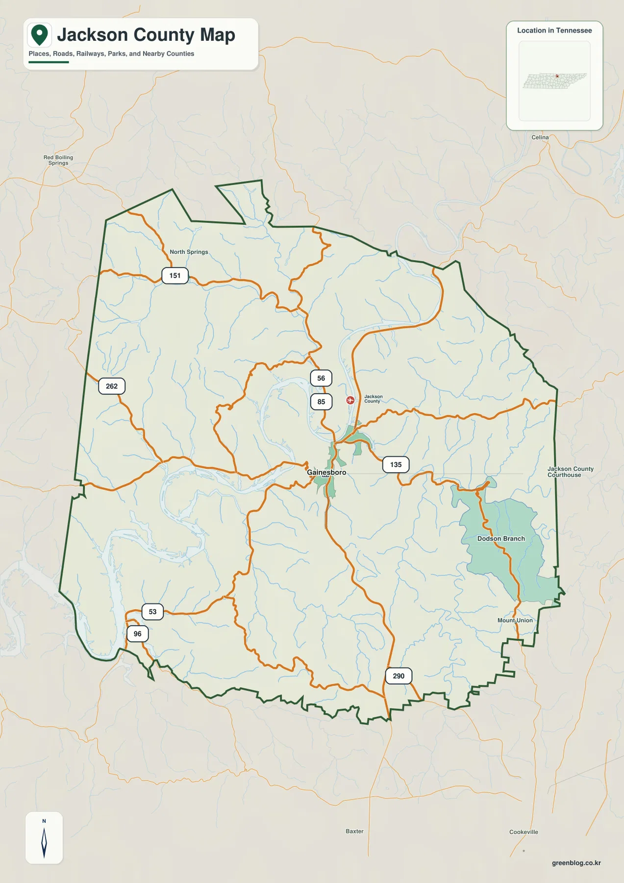 Jackson County Tennessee map with Gainesboro, North Springs, Dodson Branch, Mount Union and major routes