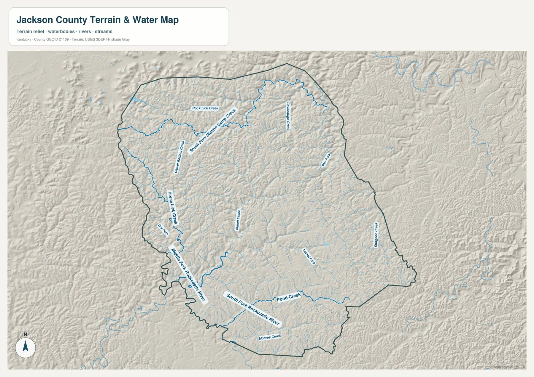Jackson County Kentucky water map showing the Middle and South Forks of the Rockcastle River and named creeks