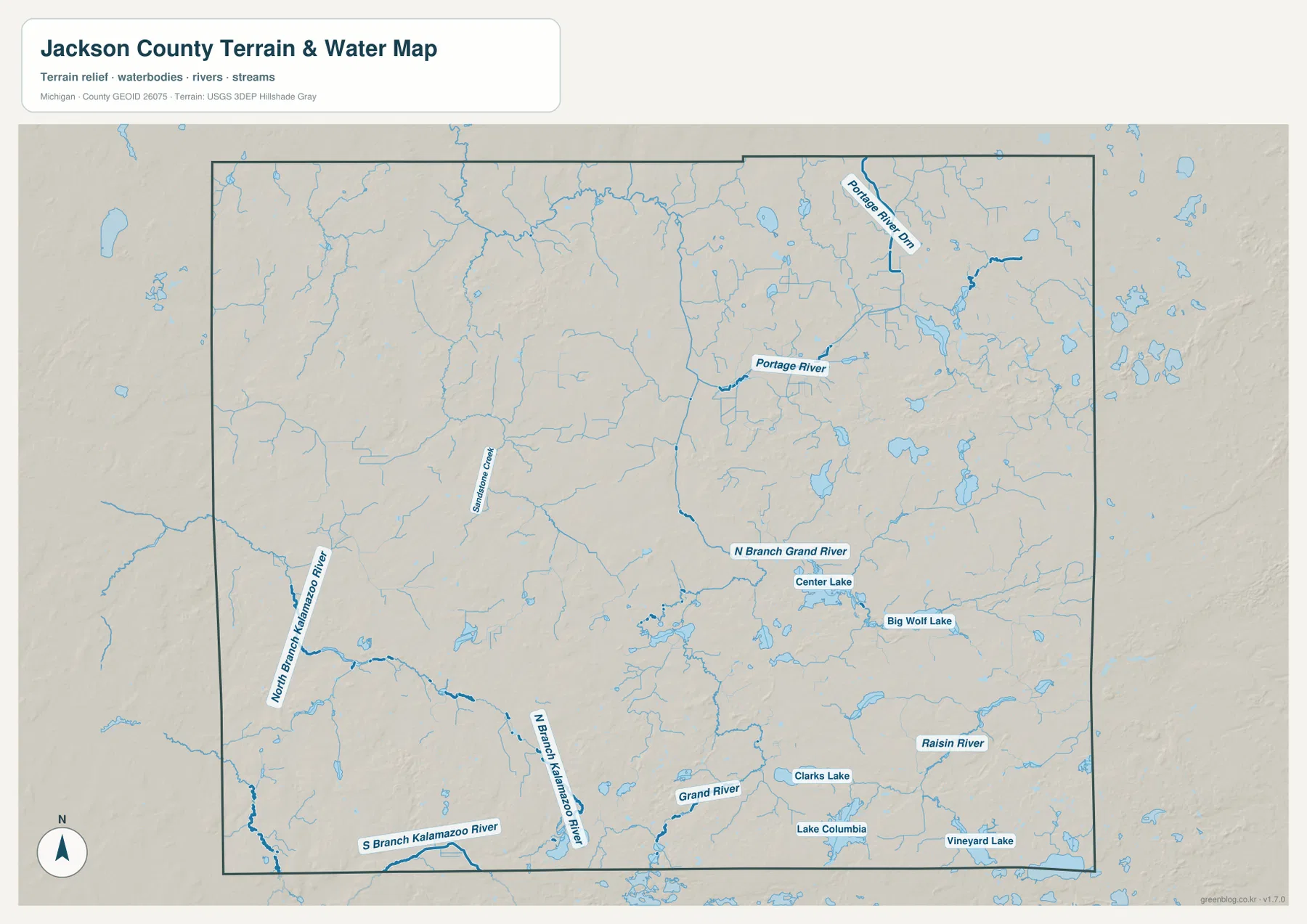 Jackson County Michigan terrain and water map showing Grand River, Kalamazoo River branches, Raisin River, Portage River, and southern lakes