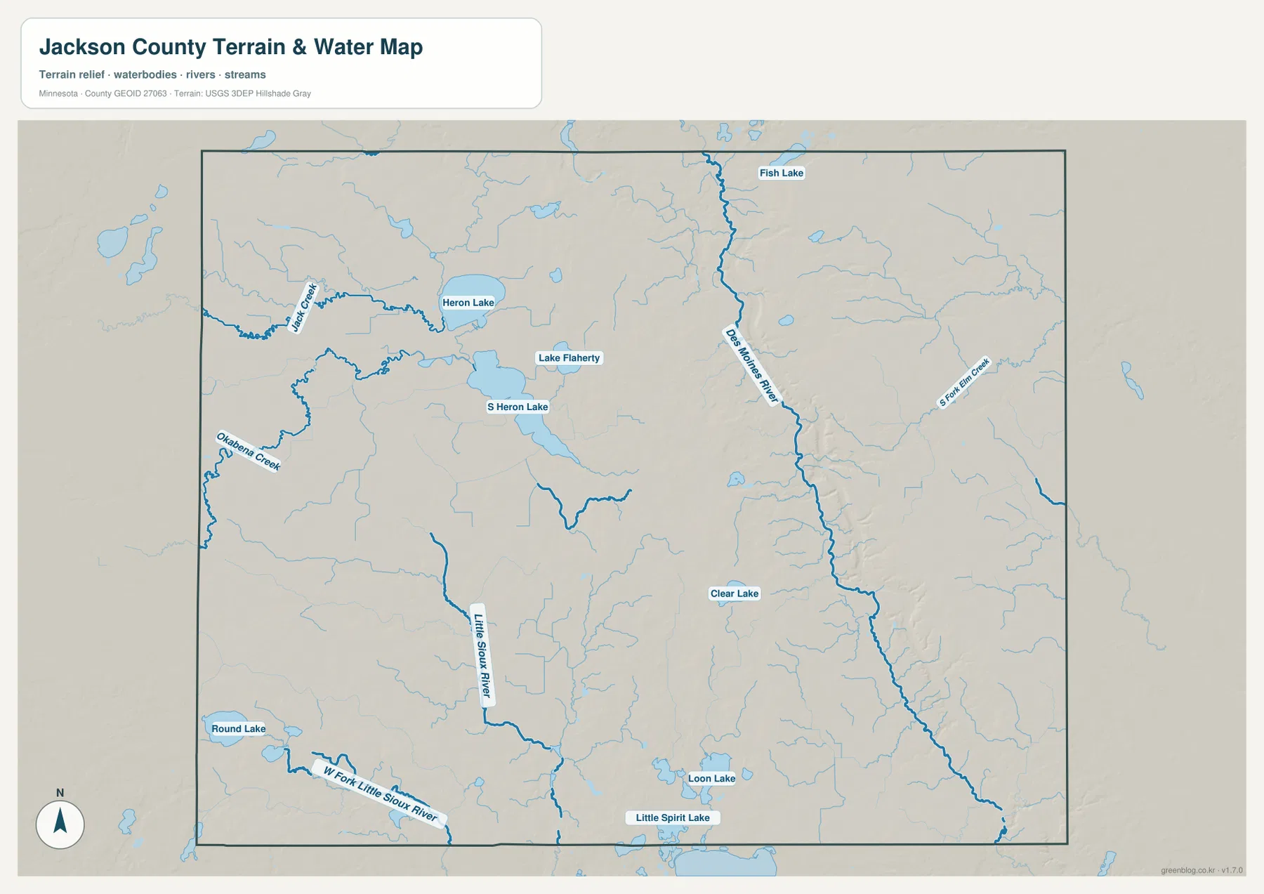 Jackson County water map showing Heron Lake, S Heron Lake, Des Moines River, Little Sioux River, Jack Creek and major lakes