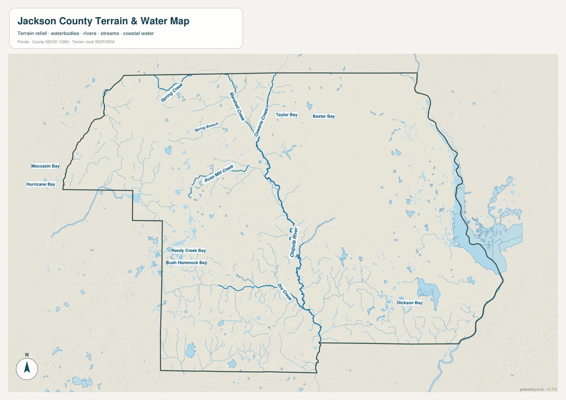 Jackson County terrain and water map showing the Chipola River, creeks, bays, and broad eastern water areas