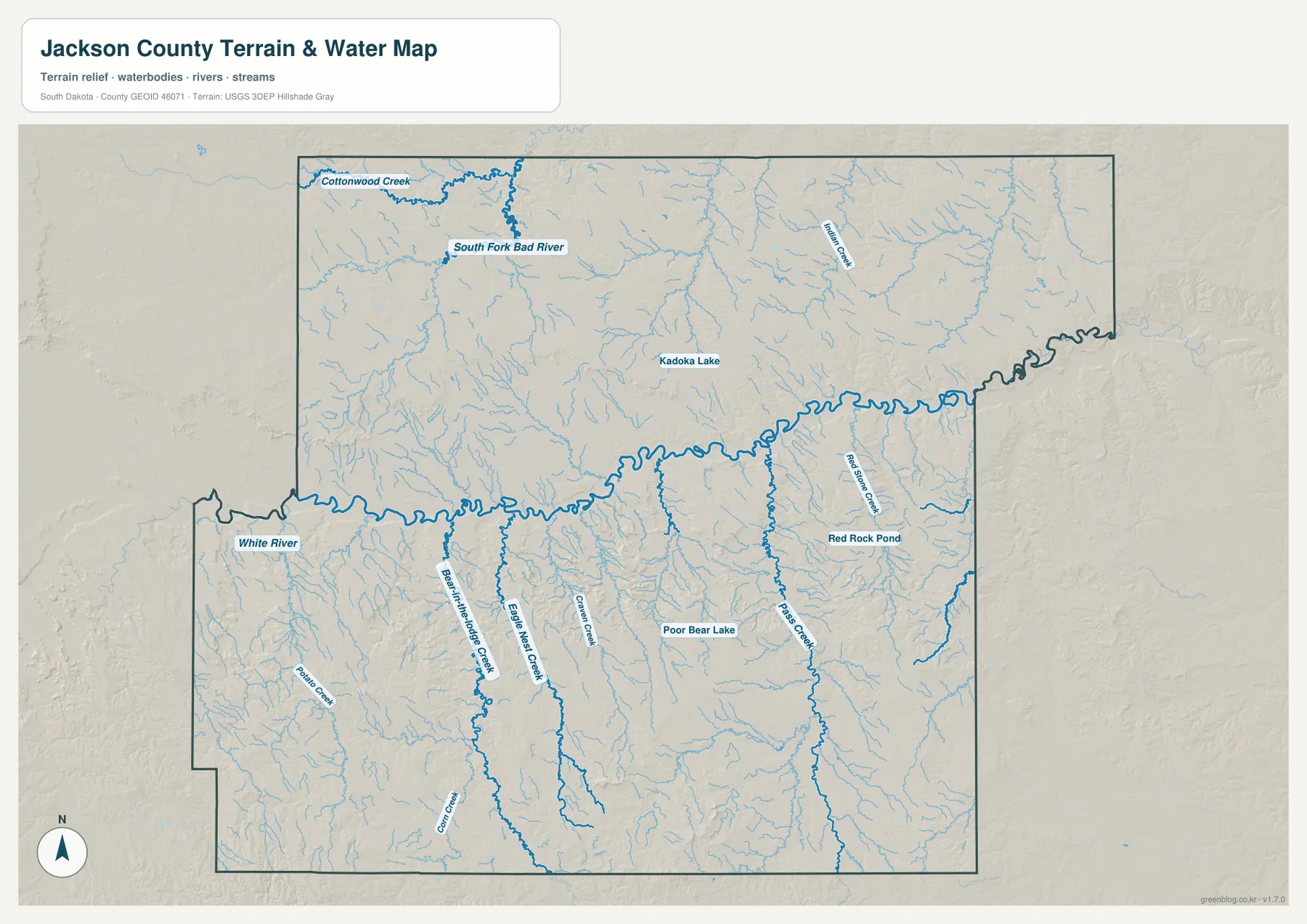 Jackson County 수역 지도에서 White River, South Fork Bad River, Bear-in-the-Lodge Creek, Eagle Nest Creek, Pass Creek와 주변 호수를 표시한 모습