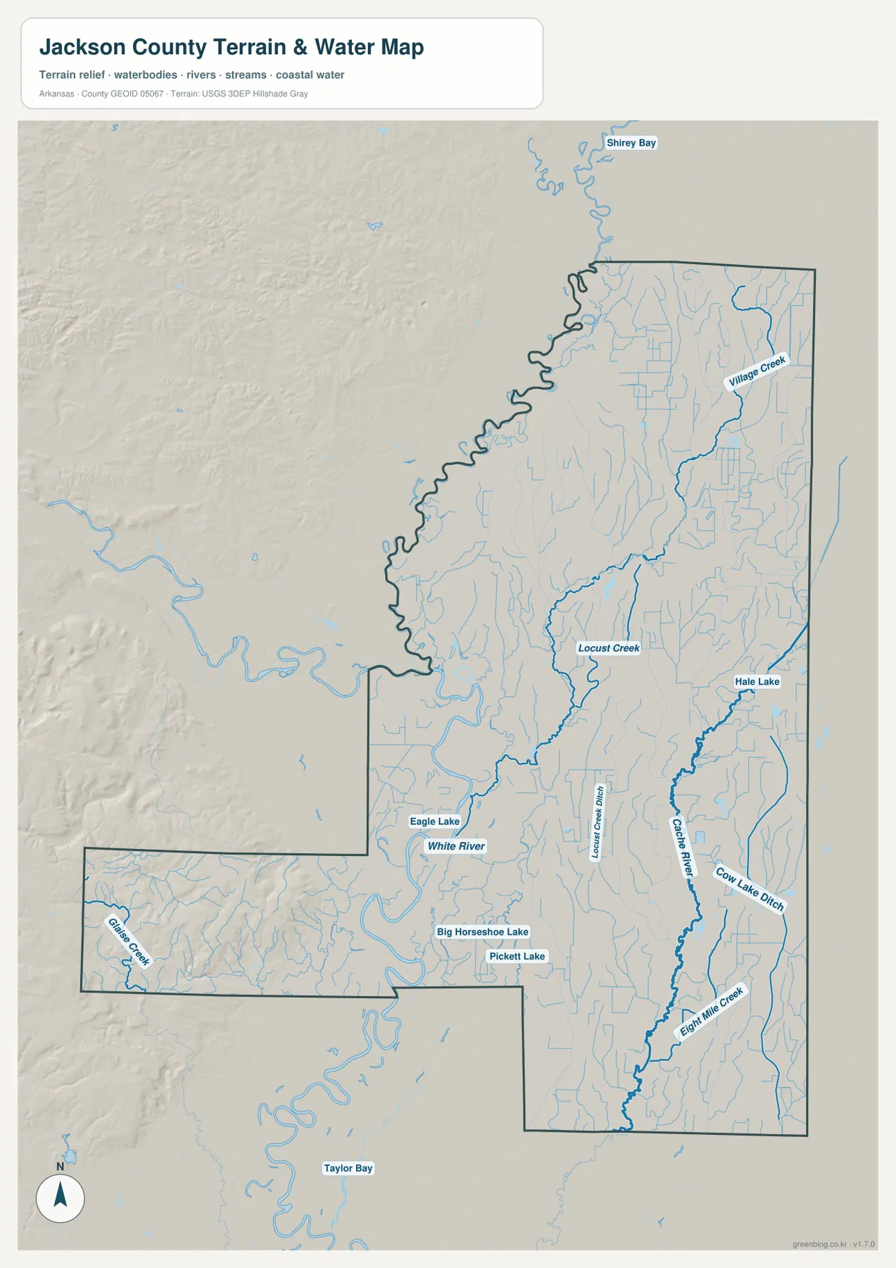 Jackson County terrain and water map showing White River, Cache River, Locust Creek, Village Creek, Eagle Lake and other water features