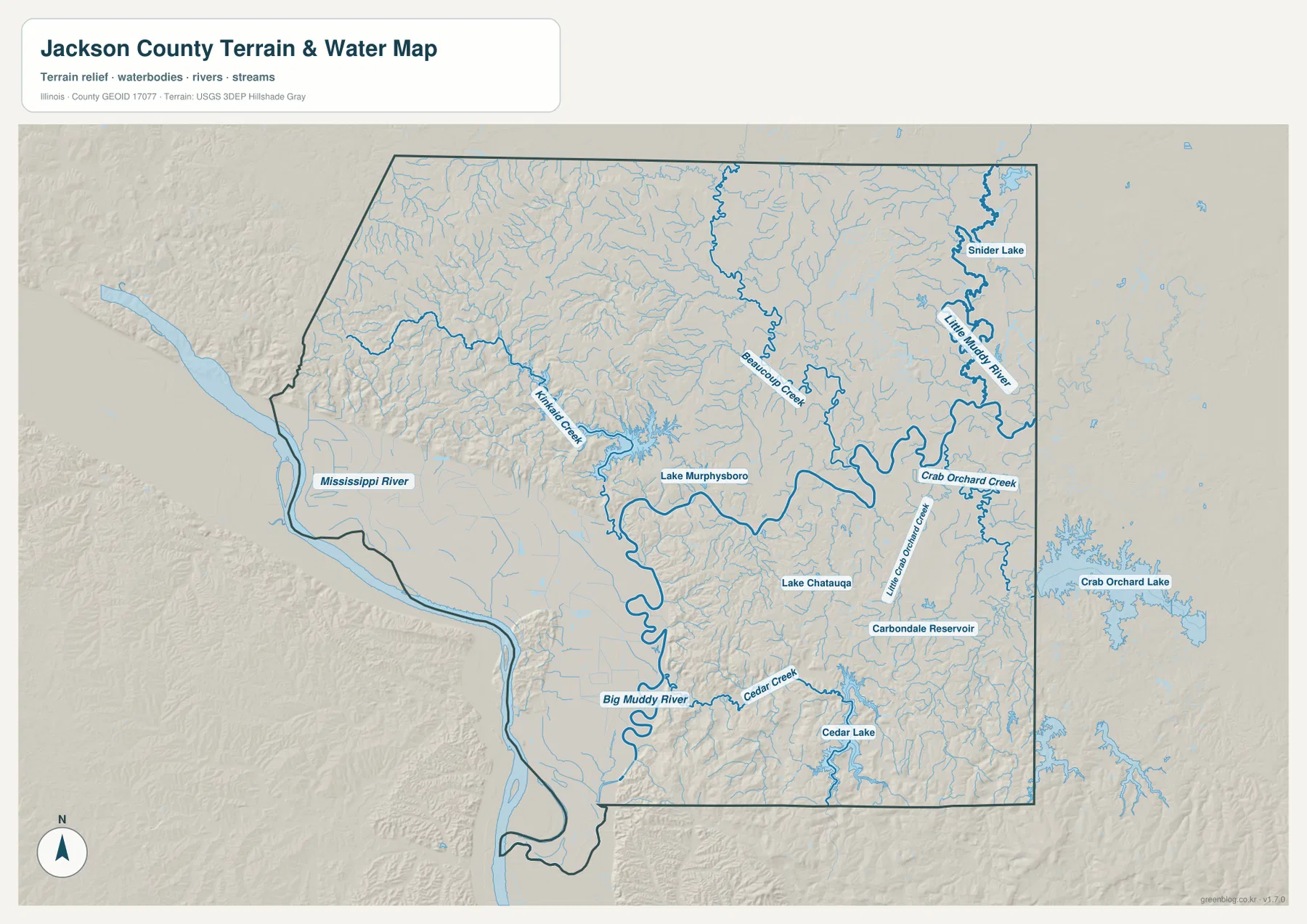 Jackson County Illinois terrain and water map with Mississippi River, Big Muddy River, Kinkaid Creek, Lake Murphysboro and Cedar Lake