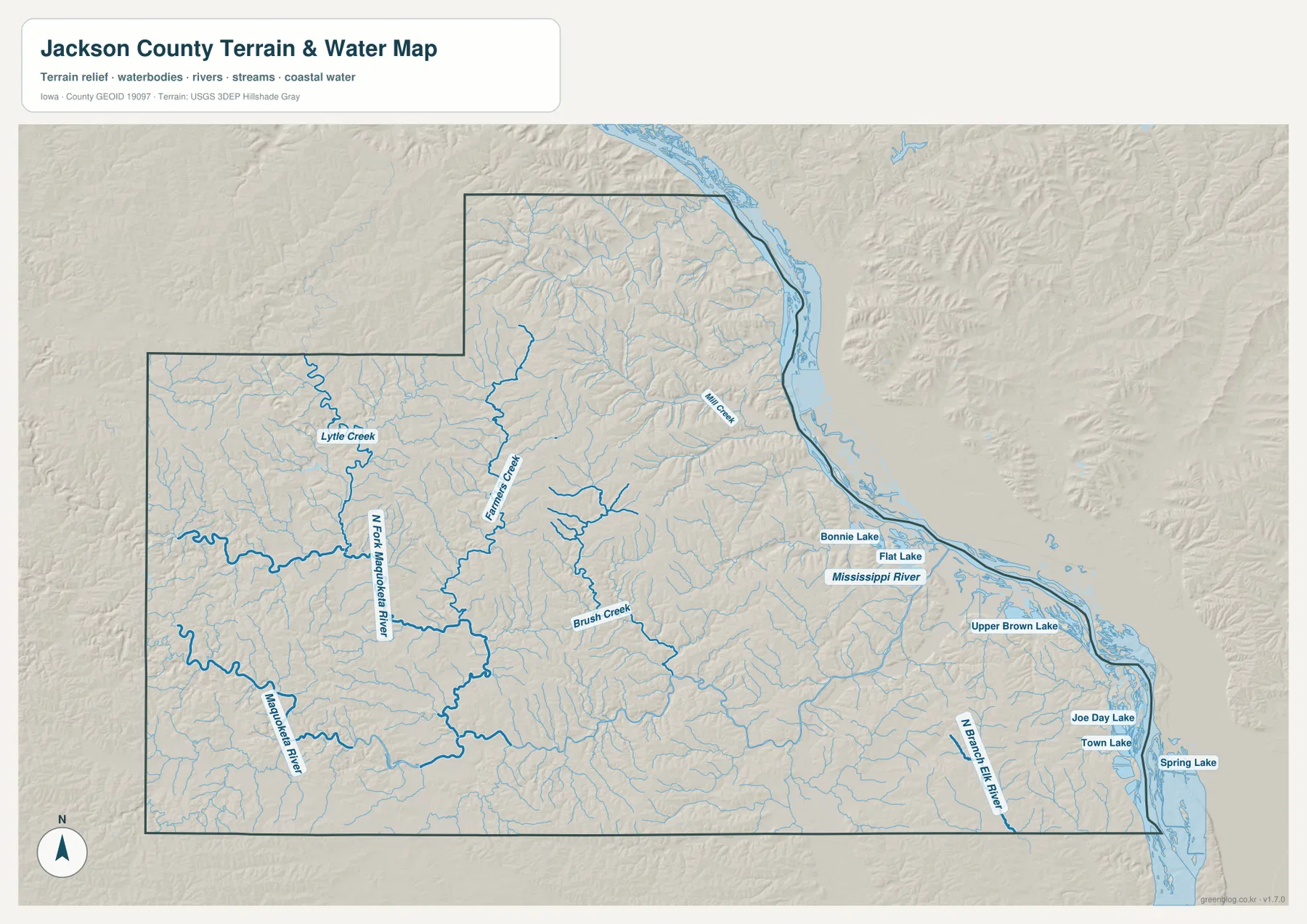 Jackson County Iowa water map Mississippi River Maquoketa River Farmers Creek Brush Creek