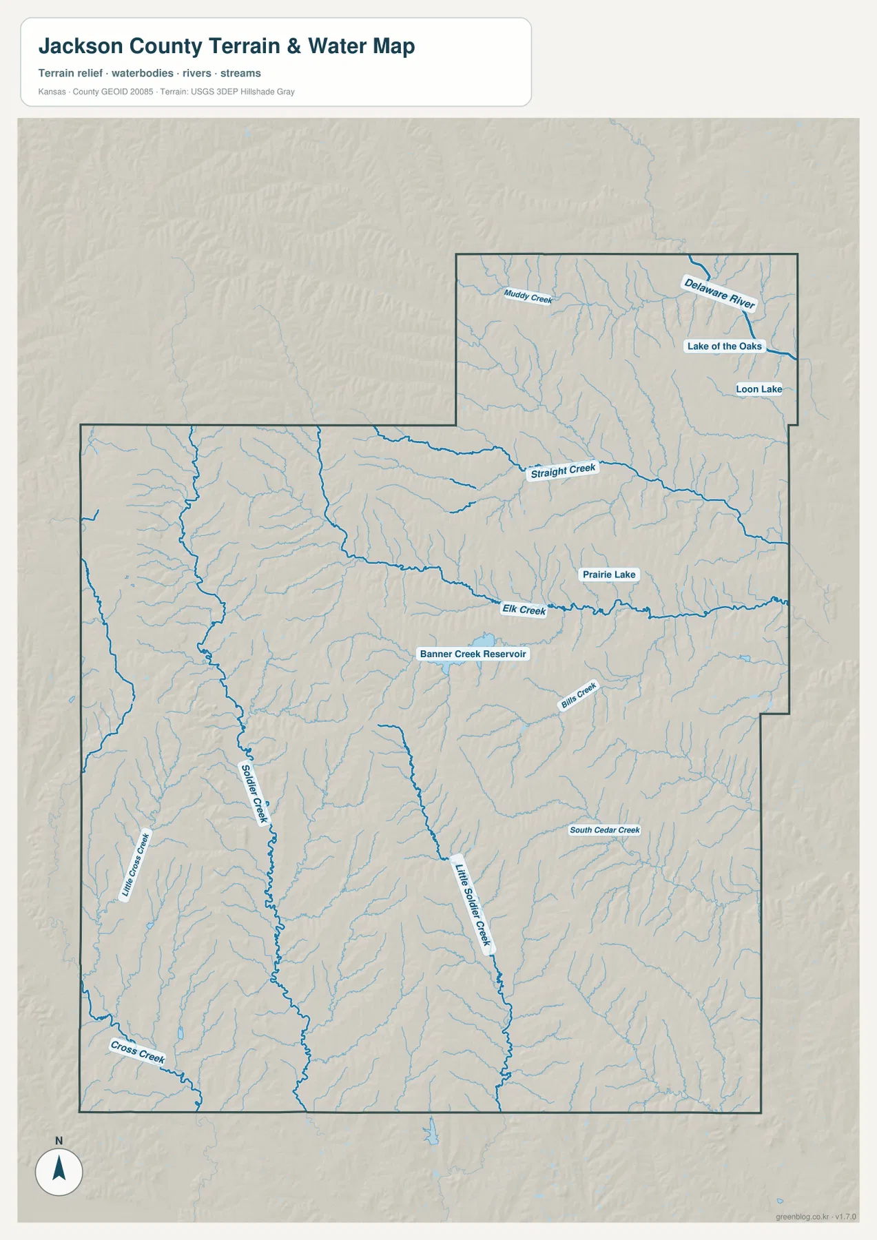 Jackson County terrain and water map showing Soldier Creek, Little Soldier Creek, Elk Creek, Straight Creek, Delaware River, Banner Creek Reservoir, Prairie Lake, and tributaries